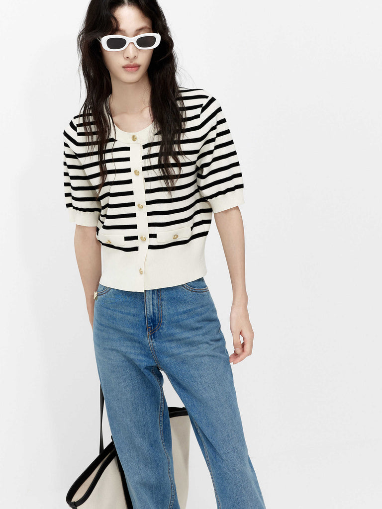 MO&Co. Women's Short Sleeve Striped Cardigan Black and White