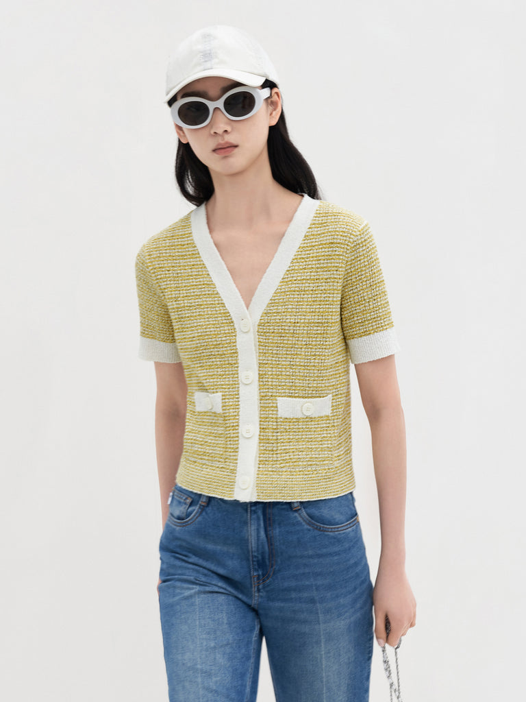 MO&Co. Women's Contrast Short Sleeves Knitted Cardigan for Spring Summer Casual in Textured Yellow and White