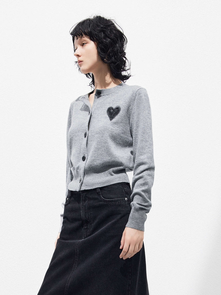 Heart Pattern Wool Cashmere Blend Knit Cardigan in Grey