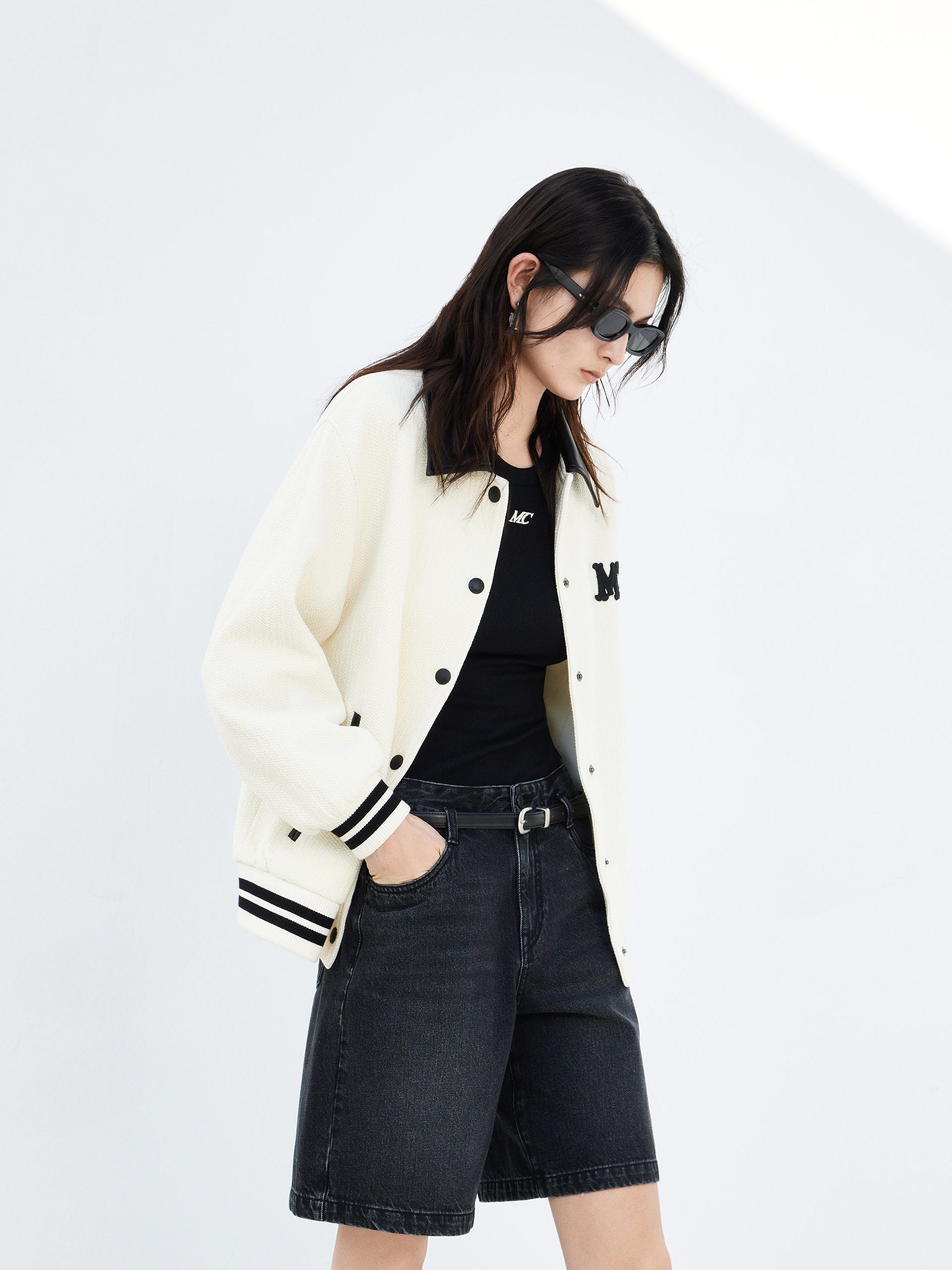 Logo Contrast Baseball Bomber Jacket in Beige