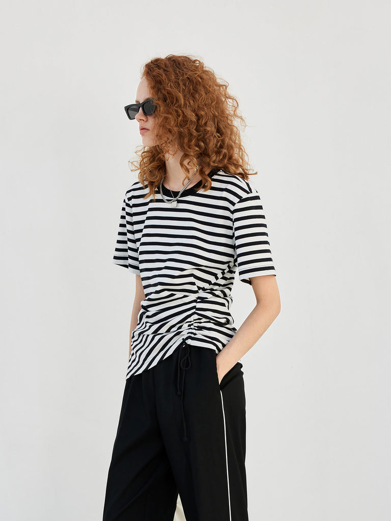 Striped Drawstring Detail Short Sleeves T-shirt