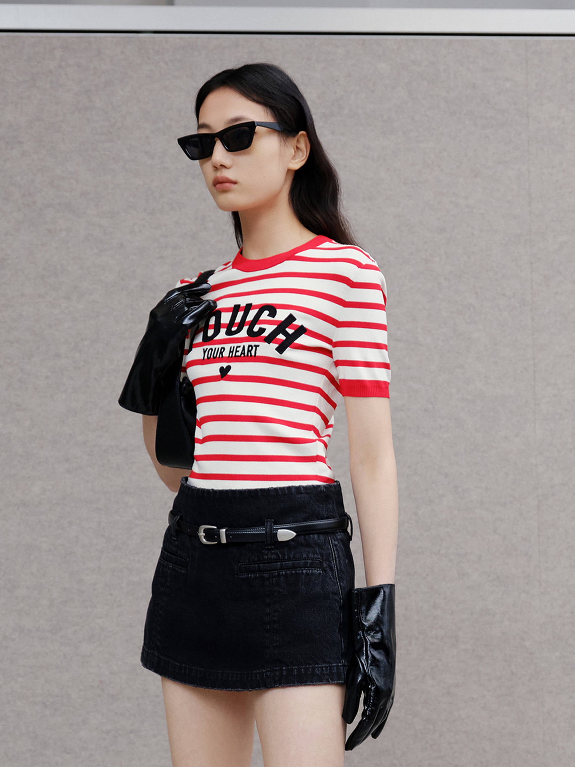 Embroidered Knitted Striped Cropped Red Top