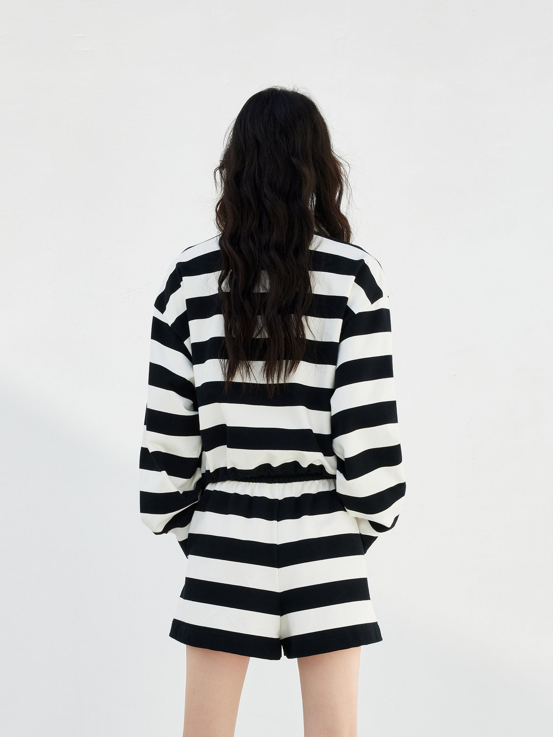 Black Striped Logo Cotton Athleisure Long Sleeves Top