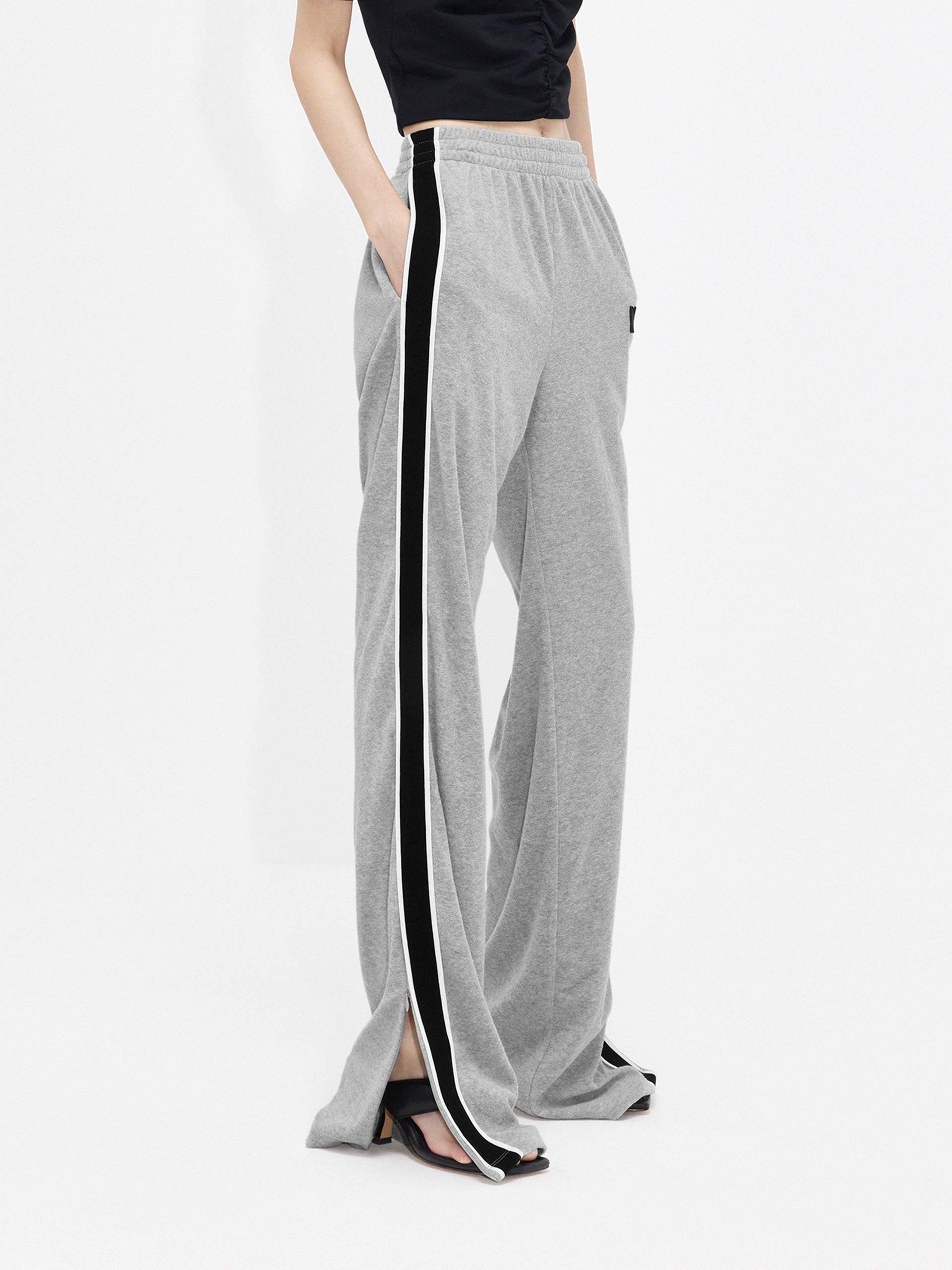 Women's Contrasting Trim Elastic waistband Slit Causal Trousers in Grey