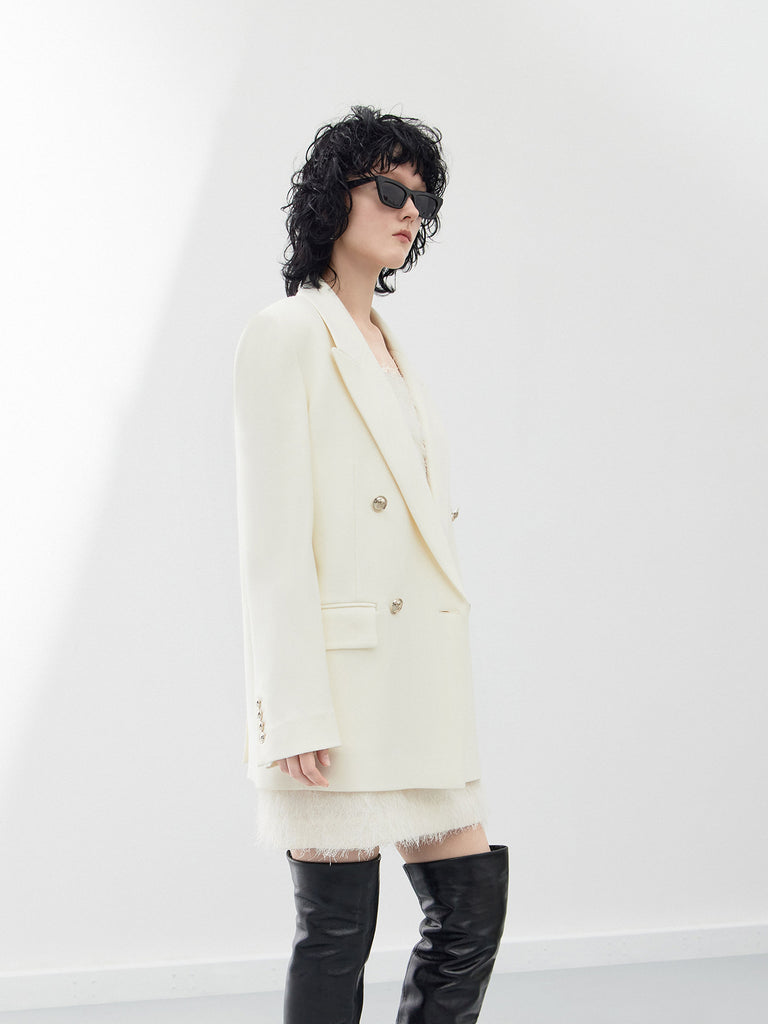 Wool blend Structured Double Breasted Blazer in White