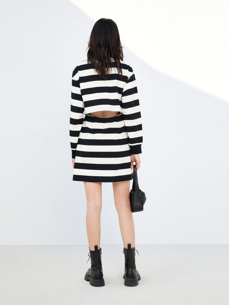 Long Sleeves Cutout Back Athleisure Style Striped Dress