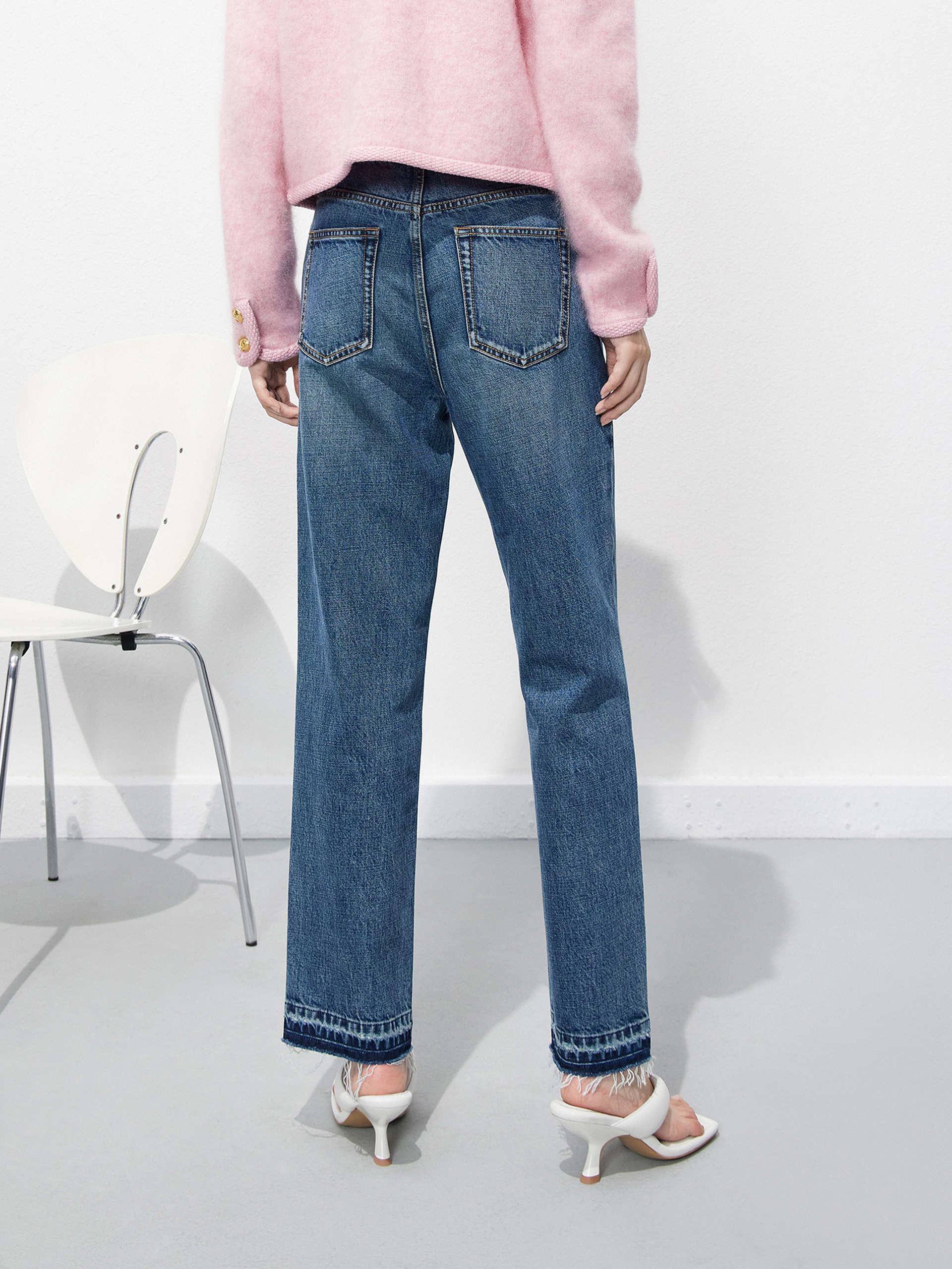 Frayed Raw Hem Straight Leg Cotton Denim Blue Jeans