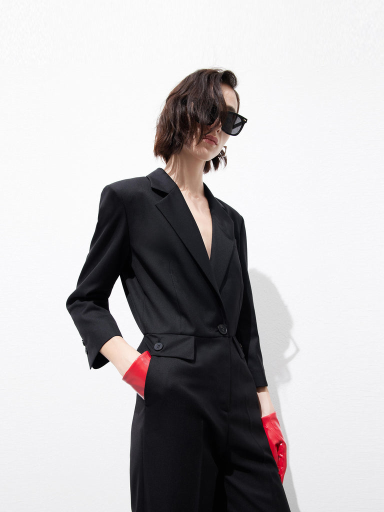Structured V-neck Straight Suit Jumpsuit in Black