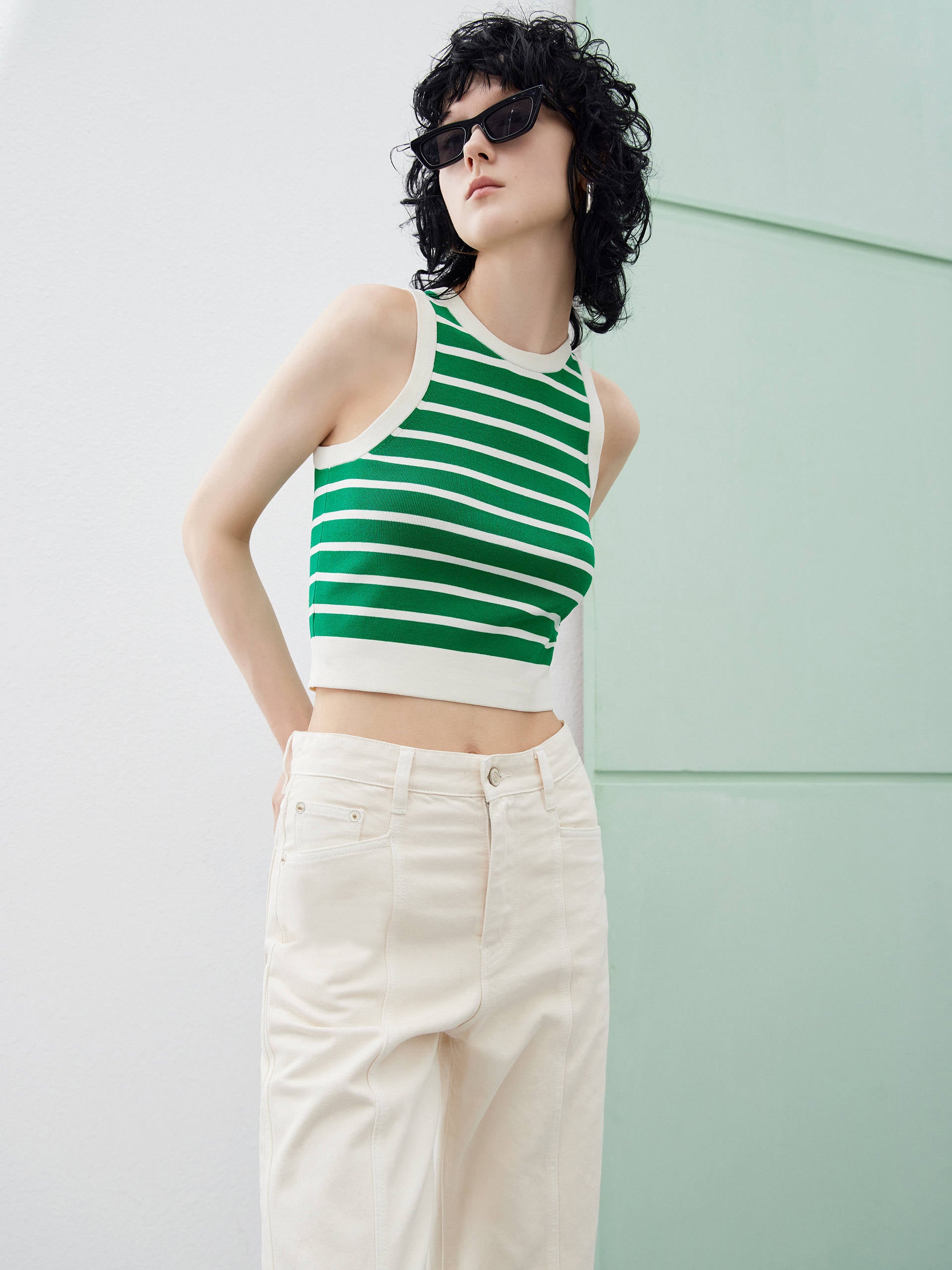 Green Striped Cropped Causal Knitted Tank Top