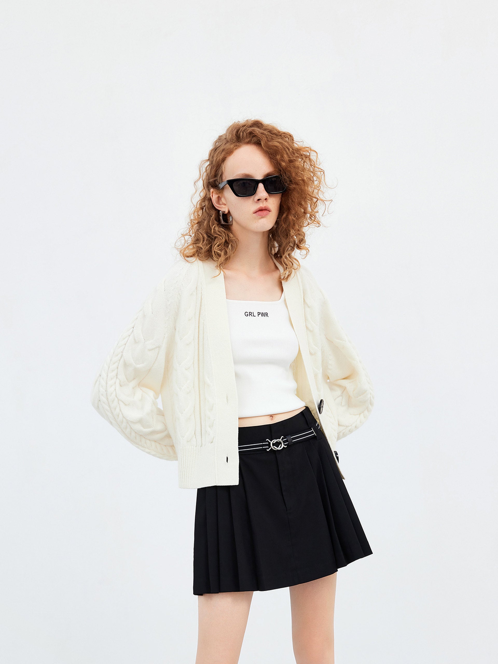 Wool Blend Chunky Cable Cropped Cardigan in White