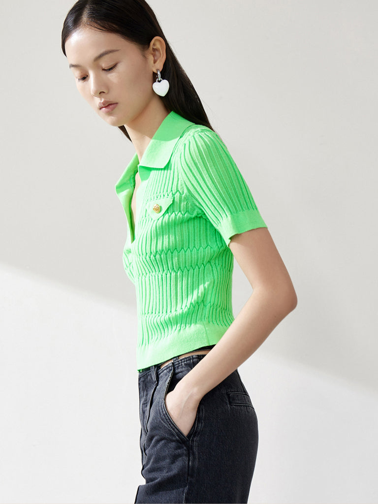 Women's Polo Collar Structured Short Sleeves Knitted Top in Green
