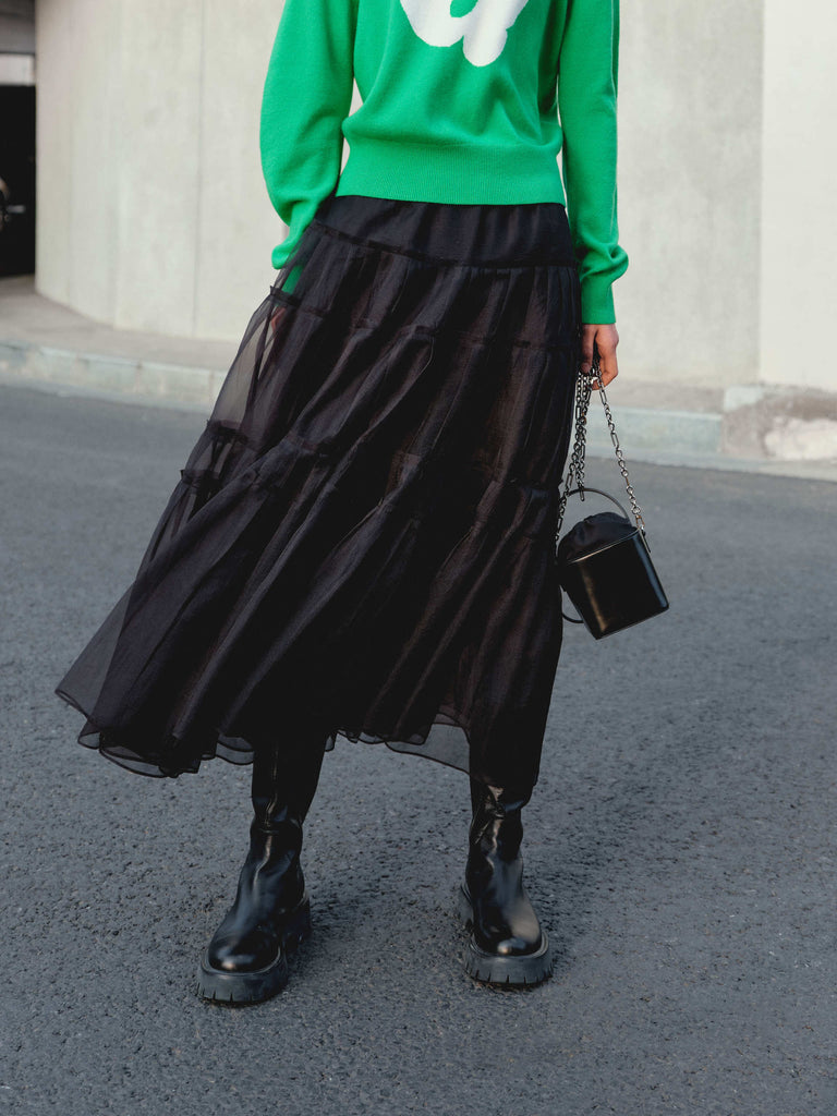 Layered Ruffled Tulle Midi Skirt in Black