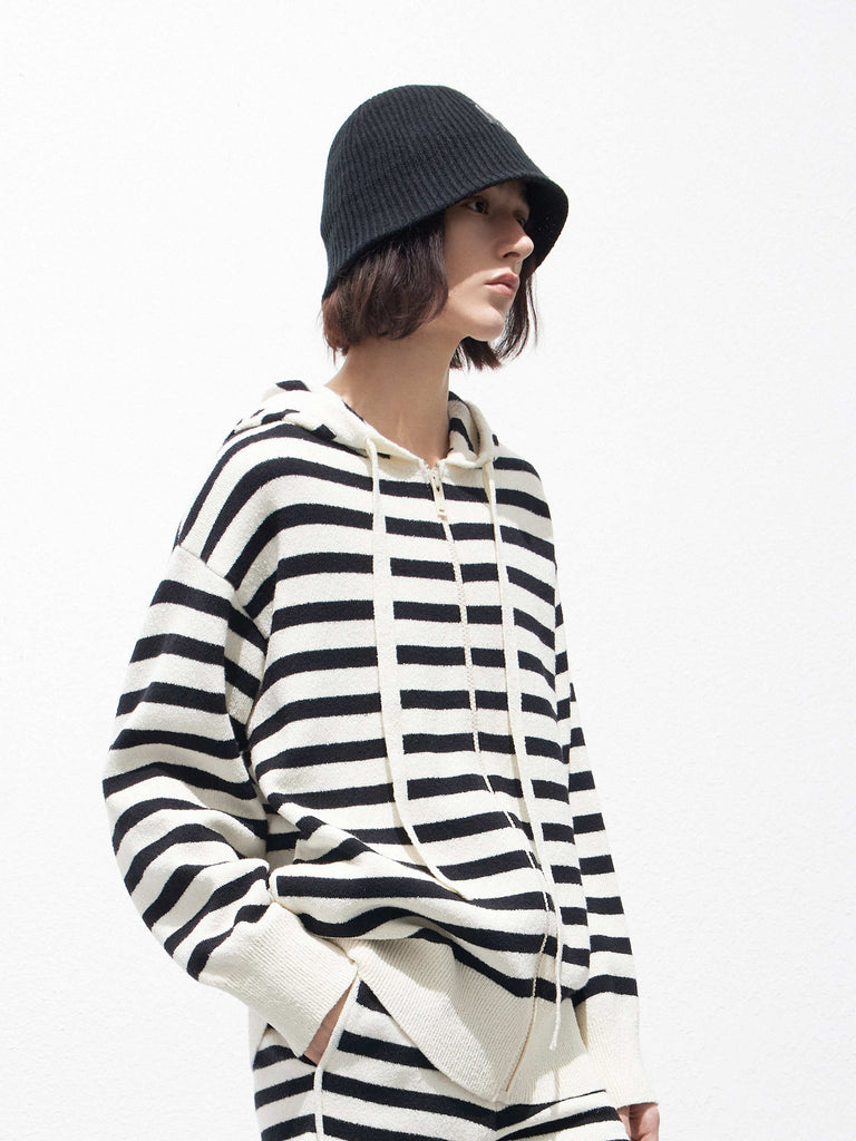Wool Blend Oversized Black and White Striped Causal Hooded Knitted Jacket