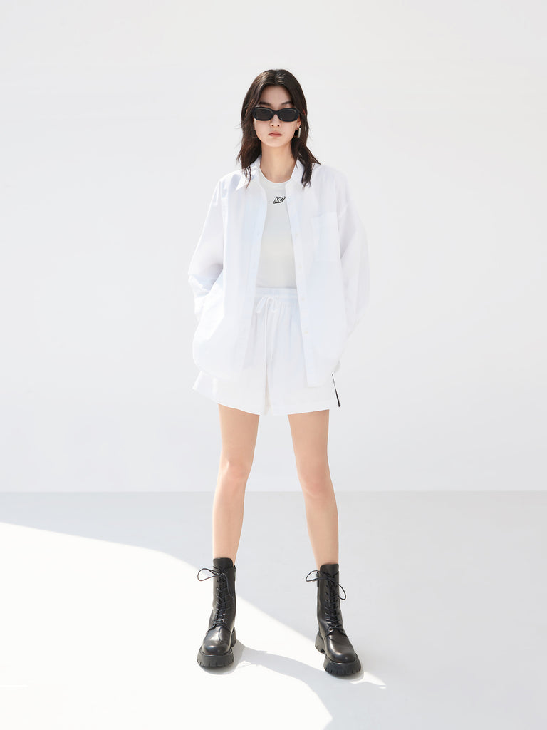 Contrast Trim Cotton Oversized Shirt in White
