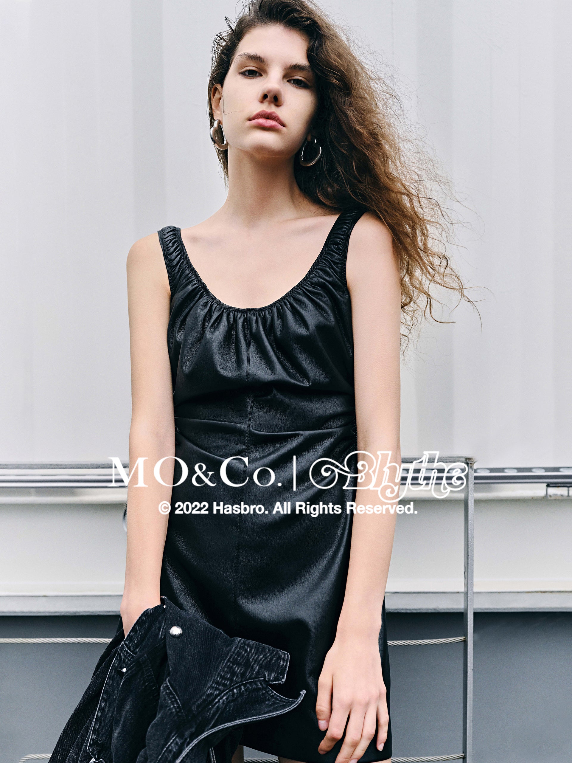 MO&Co.｜Blythe Collaboration PU Slim Fit Dress	Fitted Chic Round Neck  Short Blcak Dress