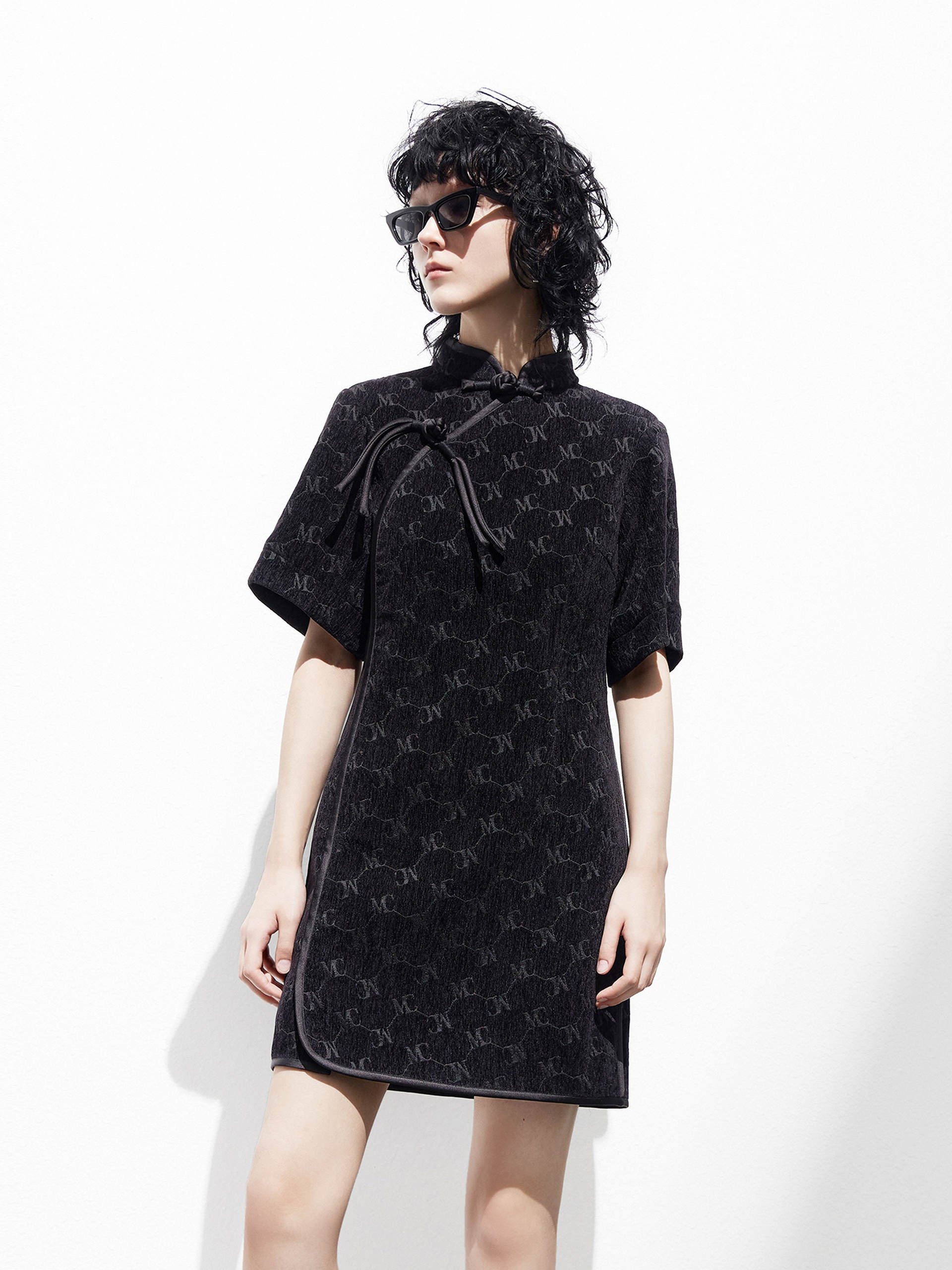 Logo Slanted Placket Velvet Textured Mini QiPao Dress Black