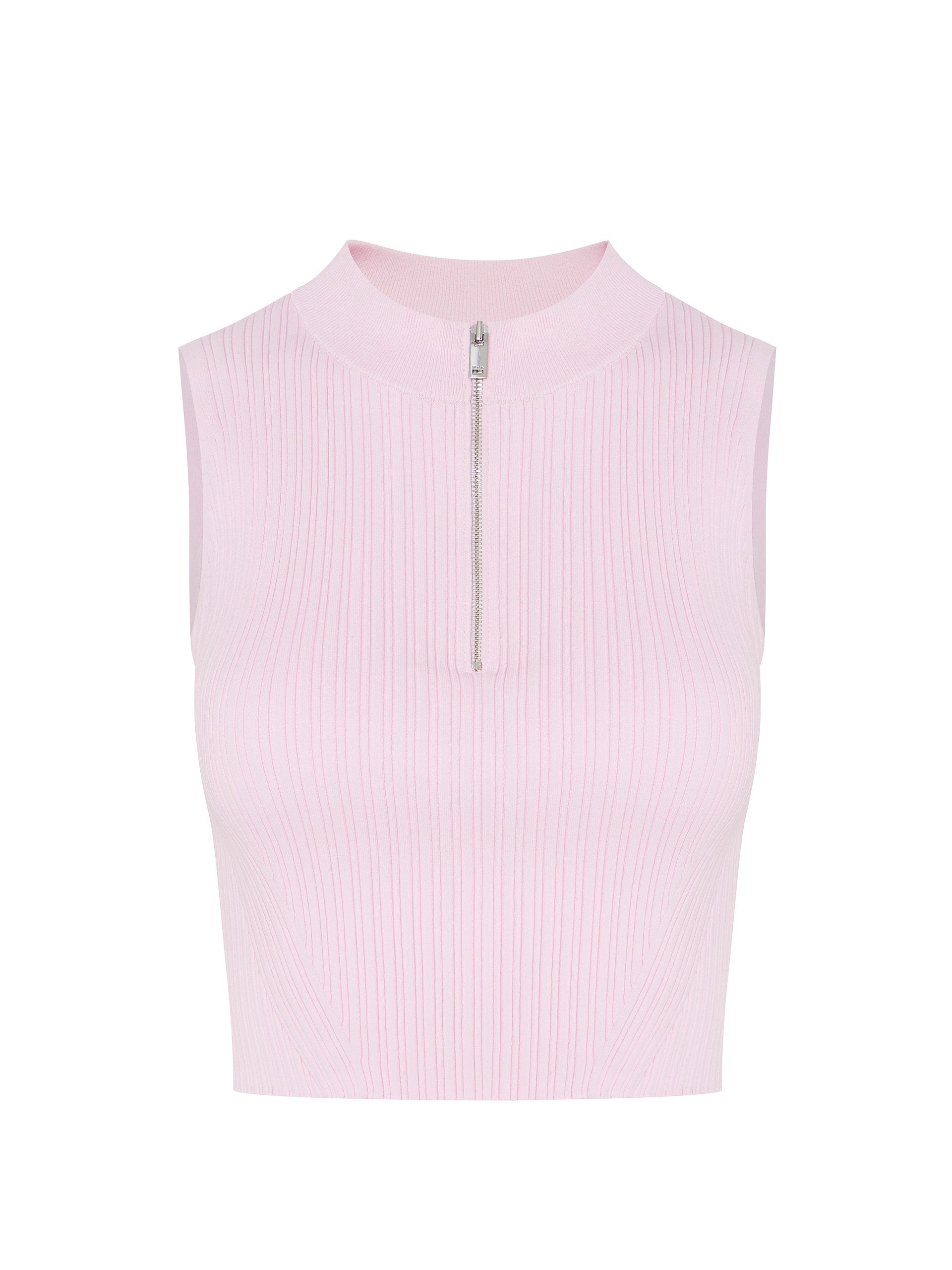 MO&Co. Women's Half Zipped Sleeveless Rib Top Pullover in Pink