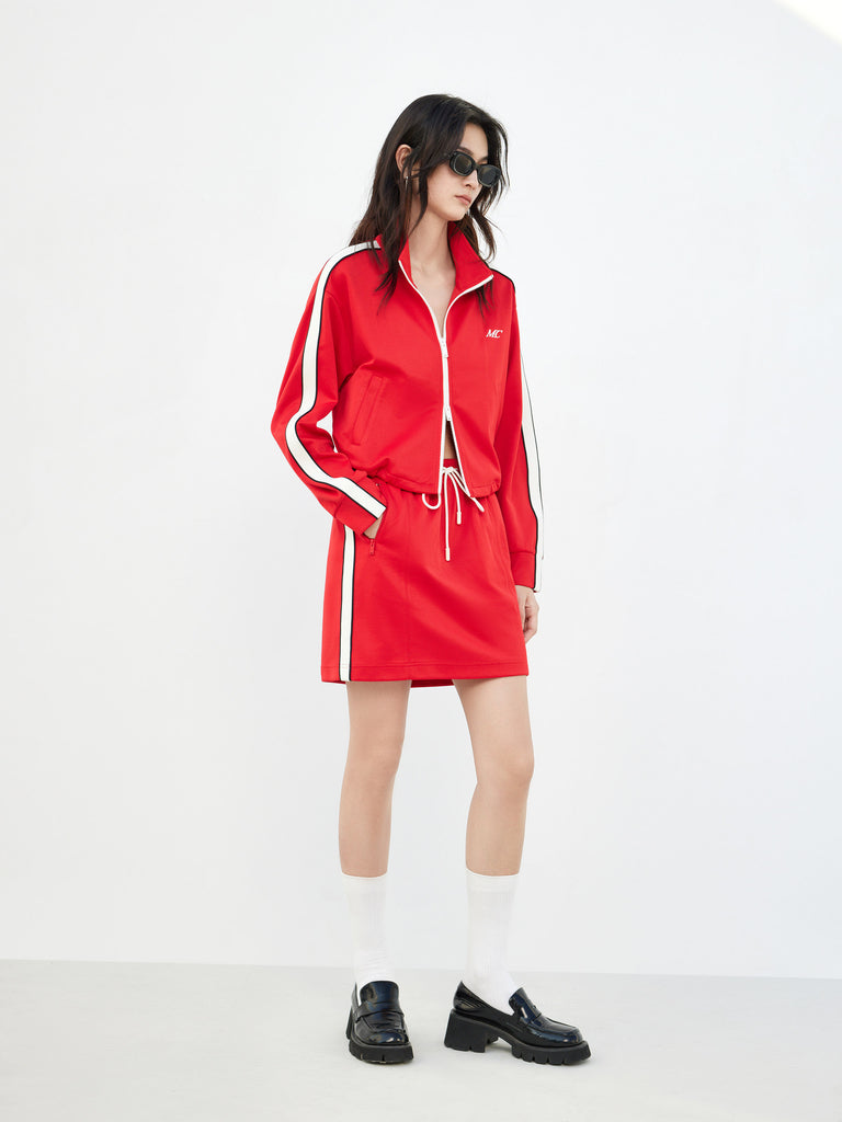 Cotton Blend Contrast Cropped Athleisure Jacket in Red