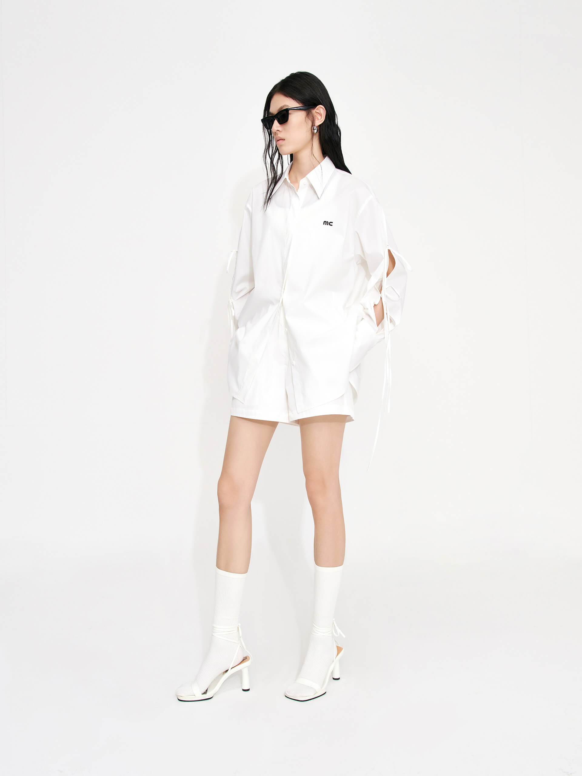 MO&Co. Women's Cotton Blend Cutout Details Oversized Shirt in White