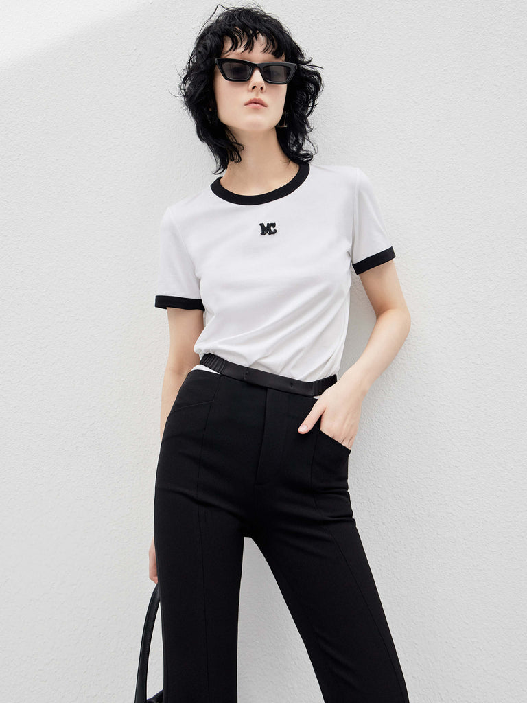 Women's Contrast Round Neck Slim Fit T-shirt in White