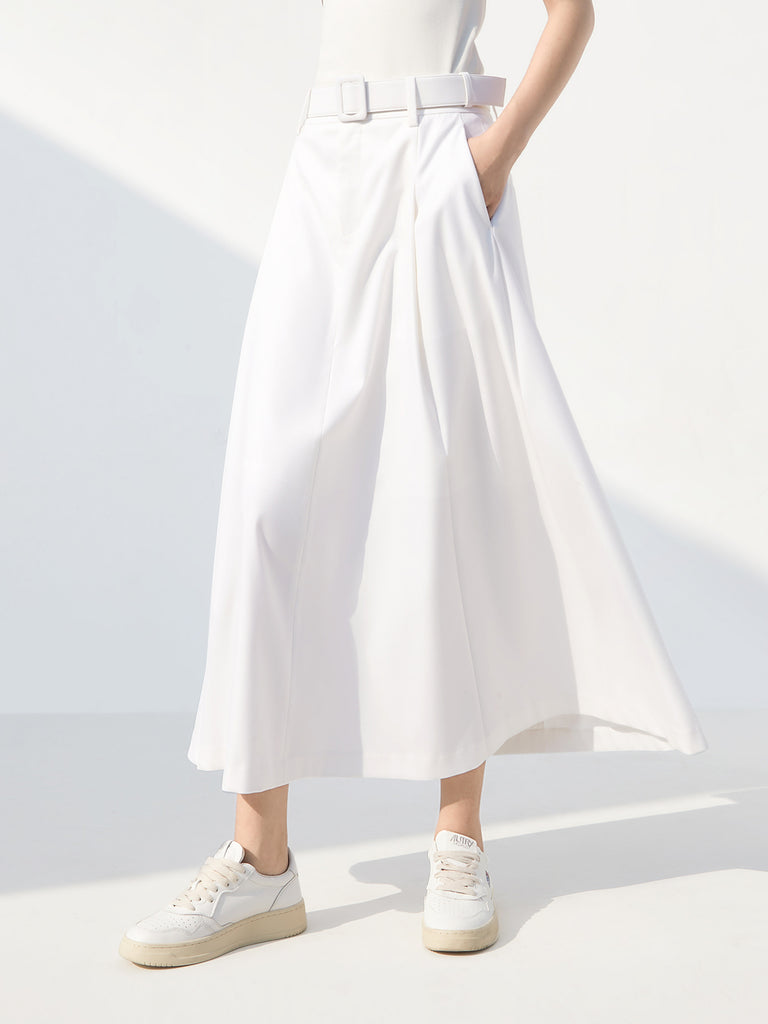High Waist A Line Midi Skirt with belt in White