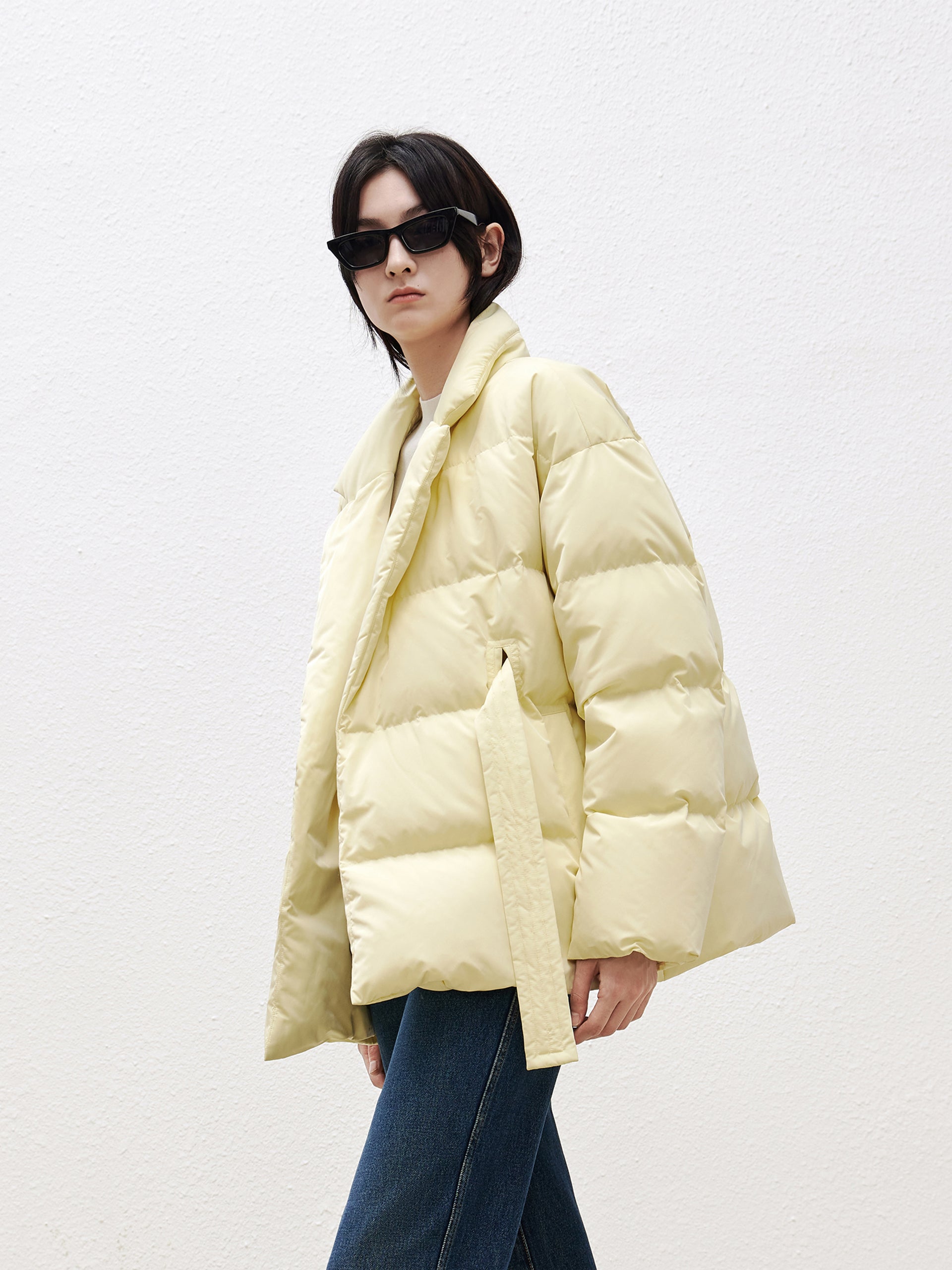 Yellow Lapel Collar Puffer Down Jacket with Belt