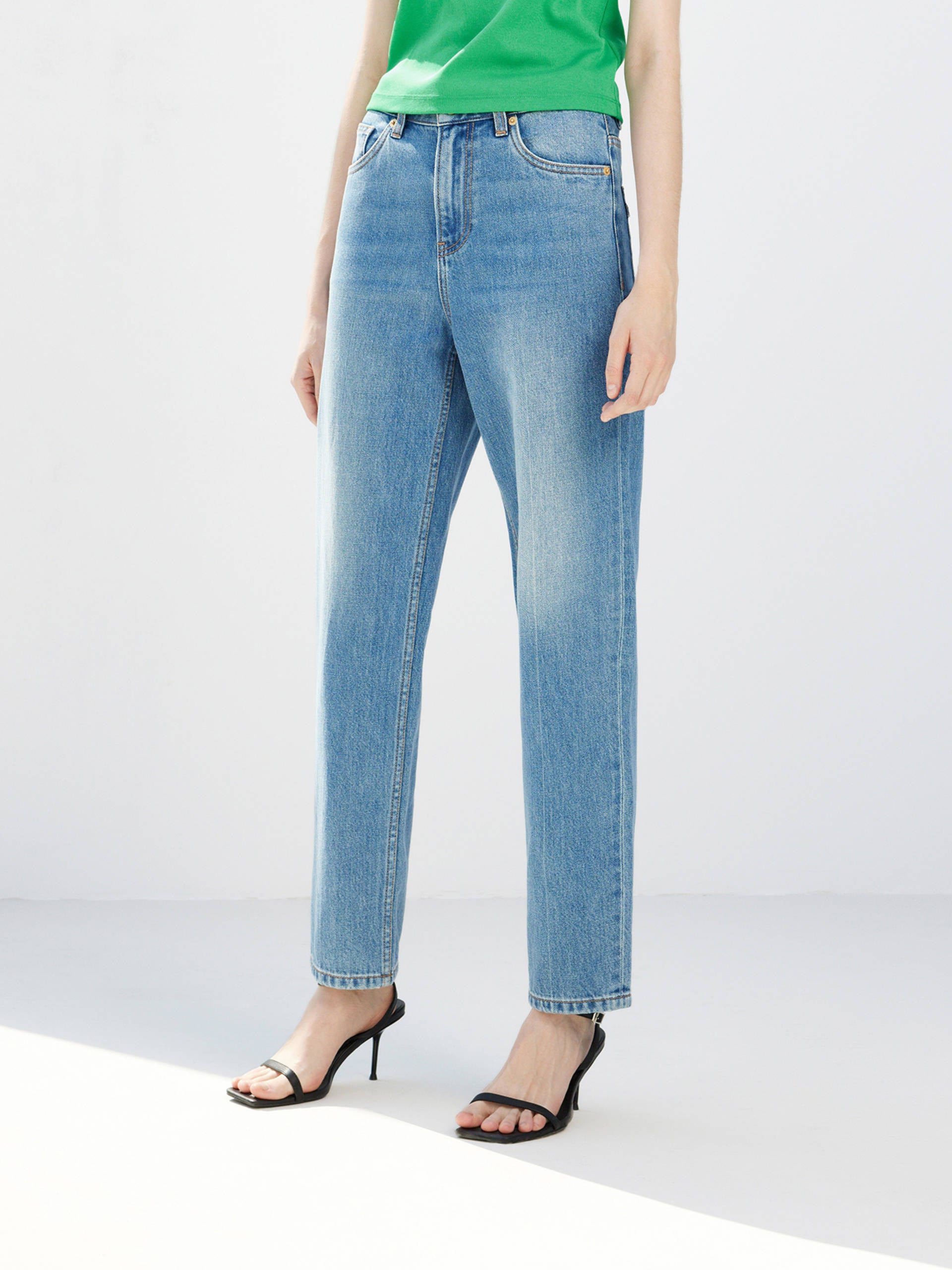 Straight Cotton Tapered High Waist Blue Jeans