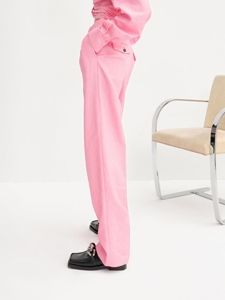 Women's Linen Blend High-rise Wide Leg Suit Pants in Pink