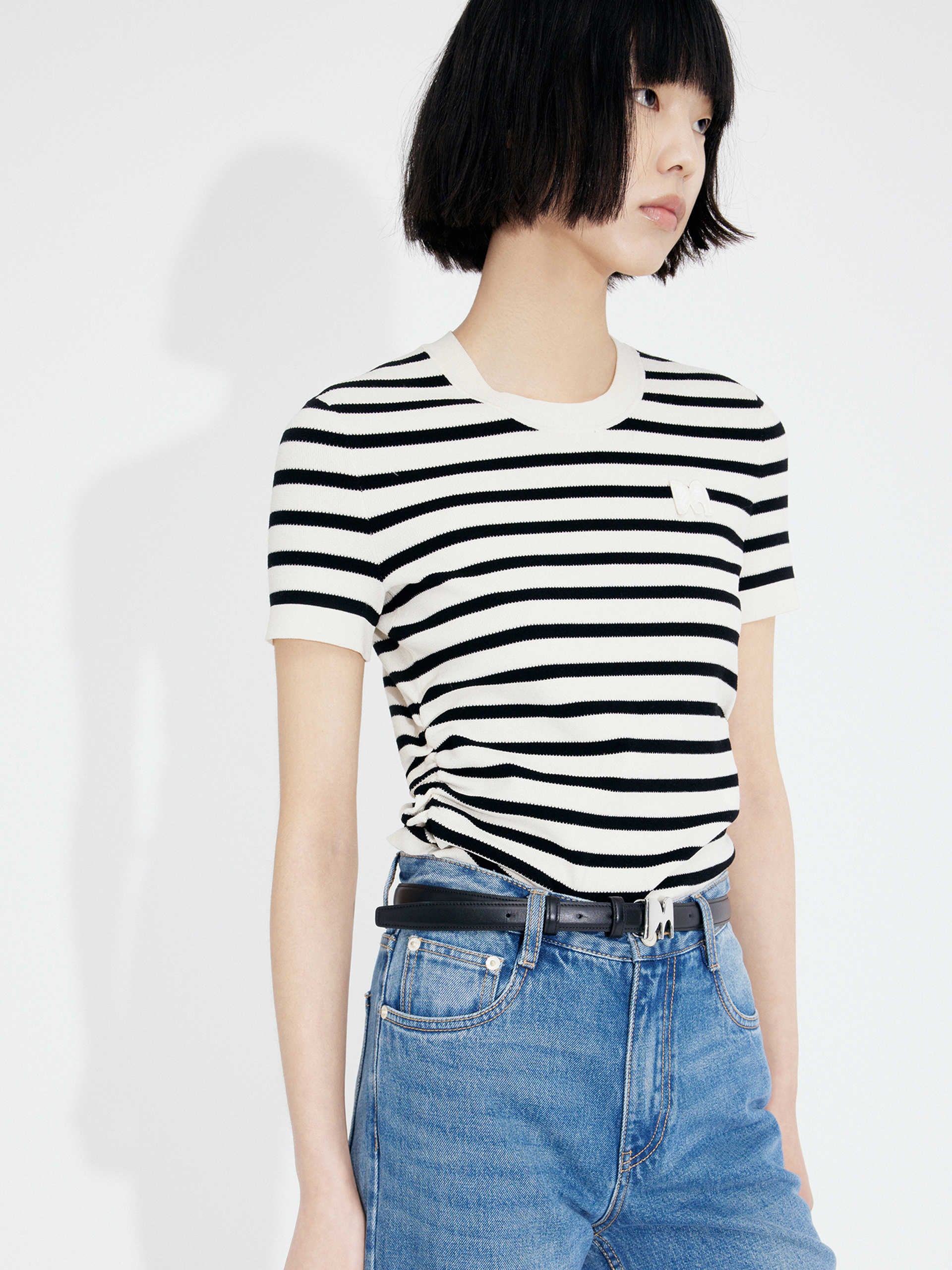 MO&Co. Women's Round Neck Striped Slim-fit Top in Black and White