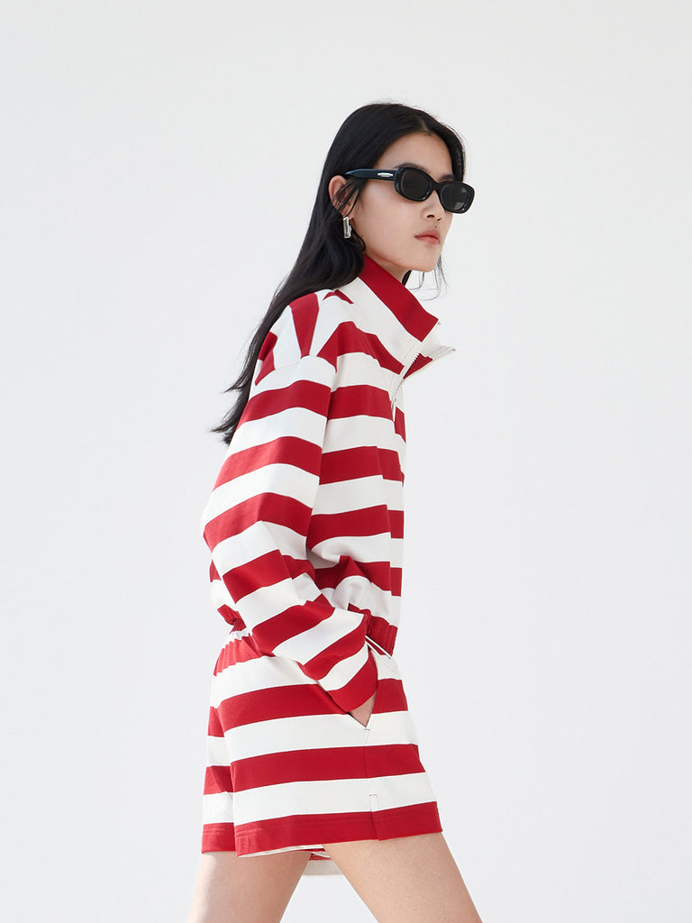 Red Striped Logo Cotton Athleisure Long Sleeves Top