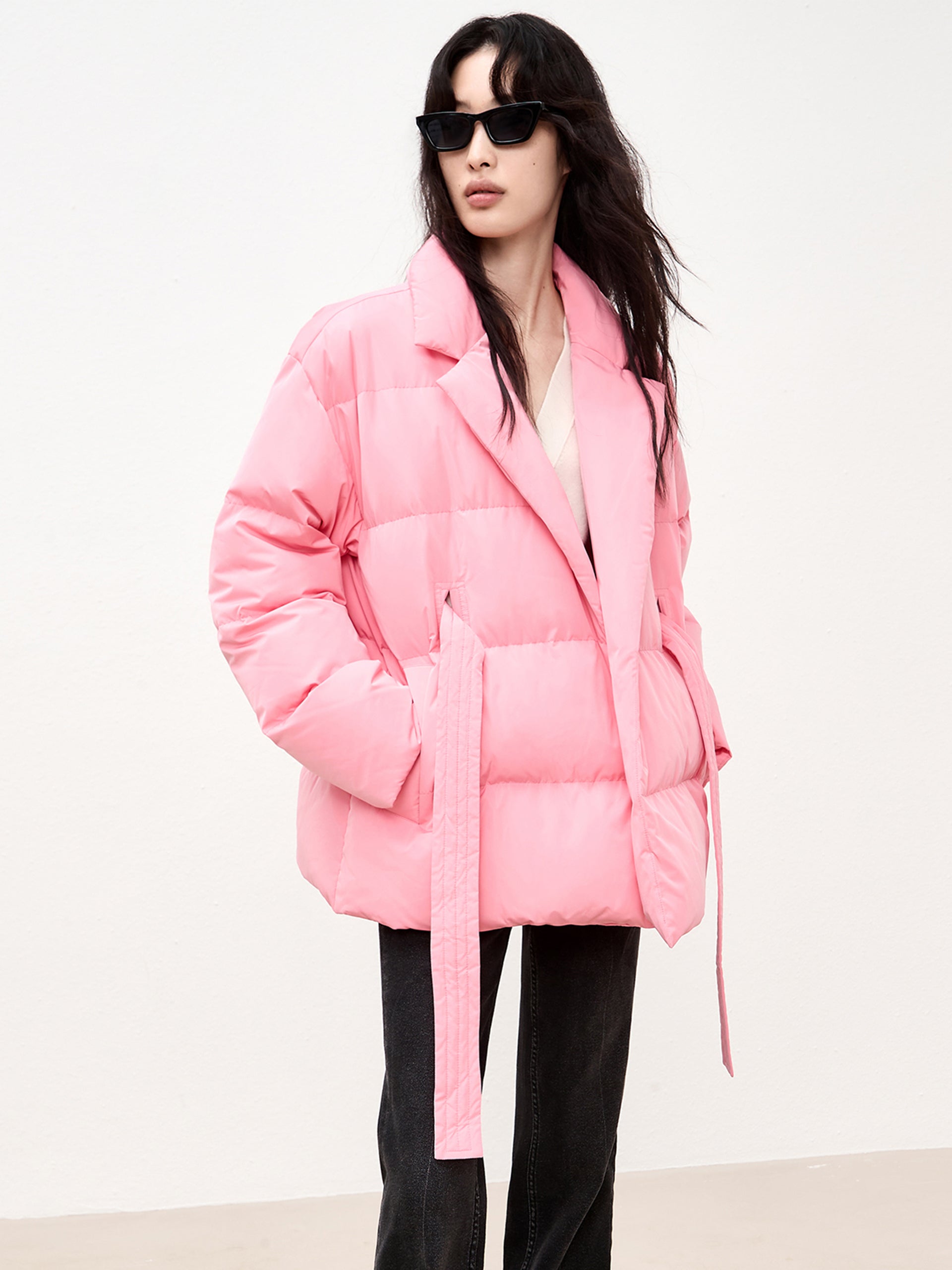 Pink Lapel Collar Puffer Down Jacket with Belt