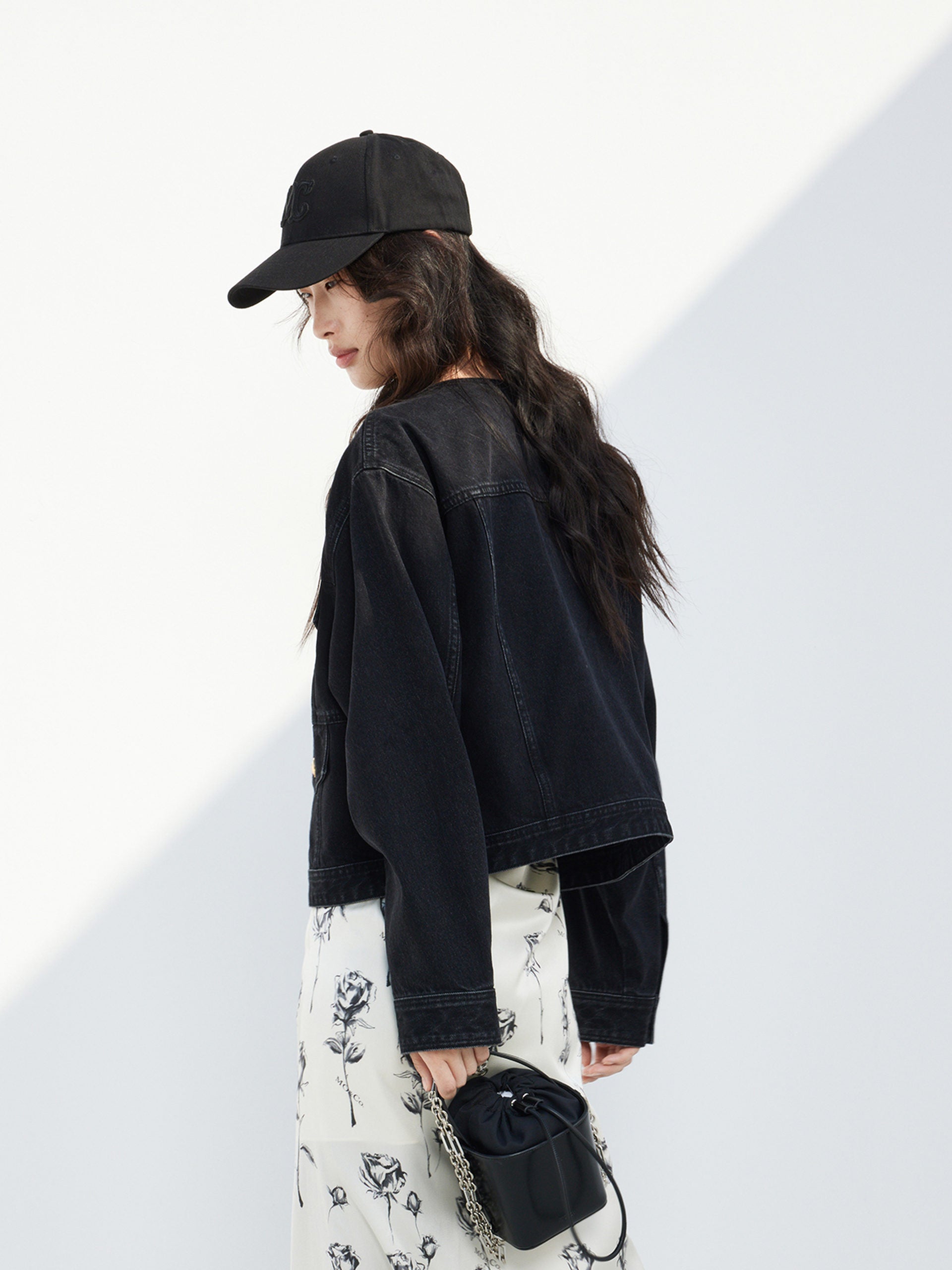 Collarless Cotton Denim Cropped Jacket in Black