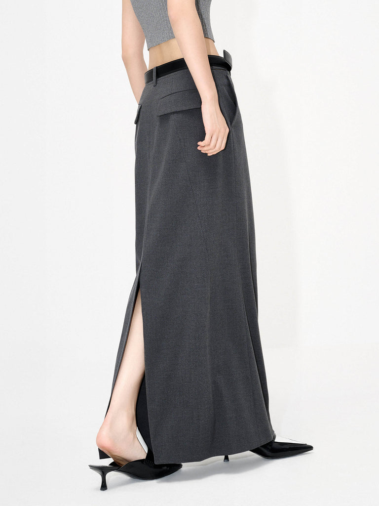 MO&Co. Women's Back Slit Mid-rise Maxi Skirt in Grey
