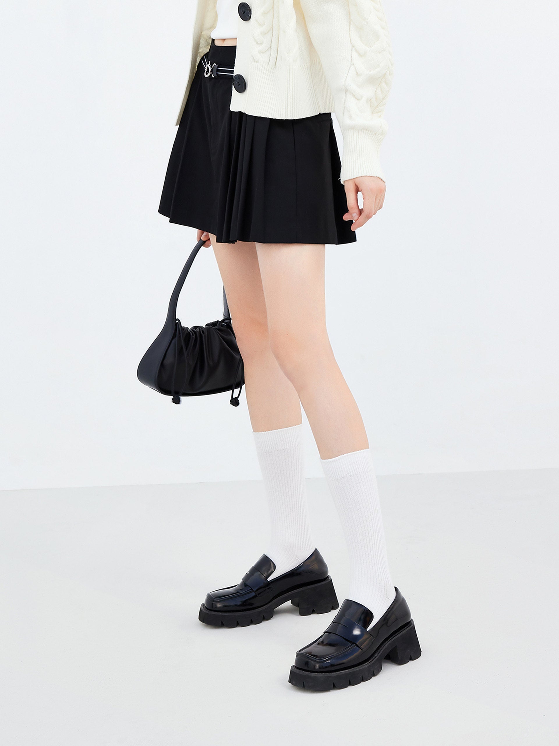 Black Pleated Mini Skirt with Belt