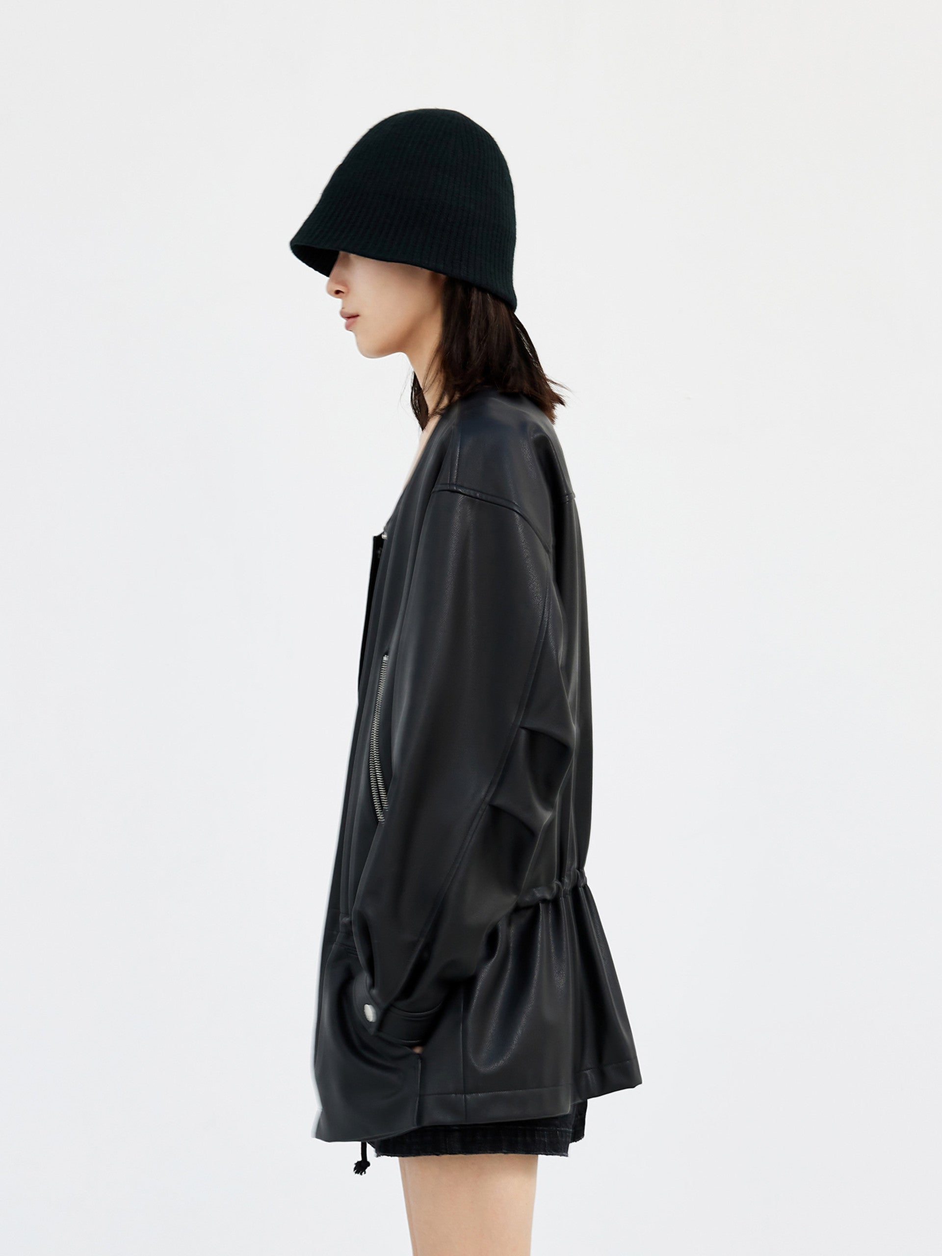 Faux Leather Collarless Jacket in Black