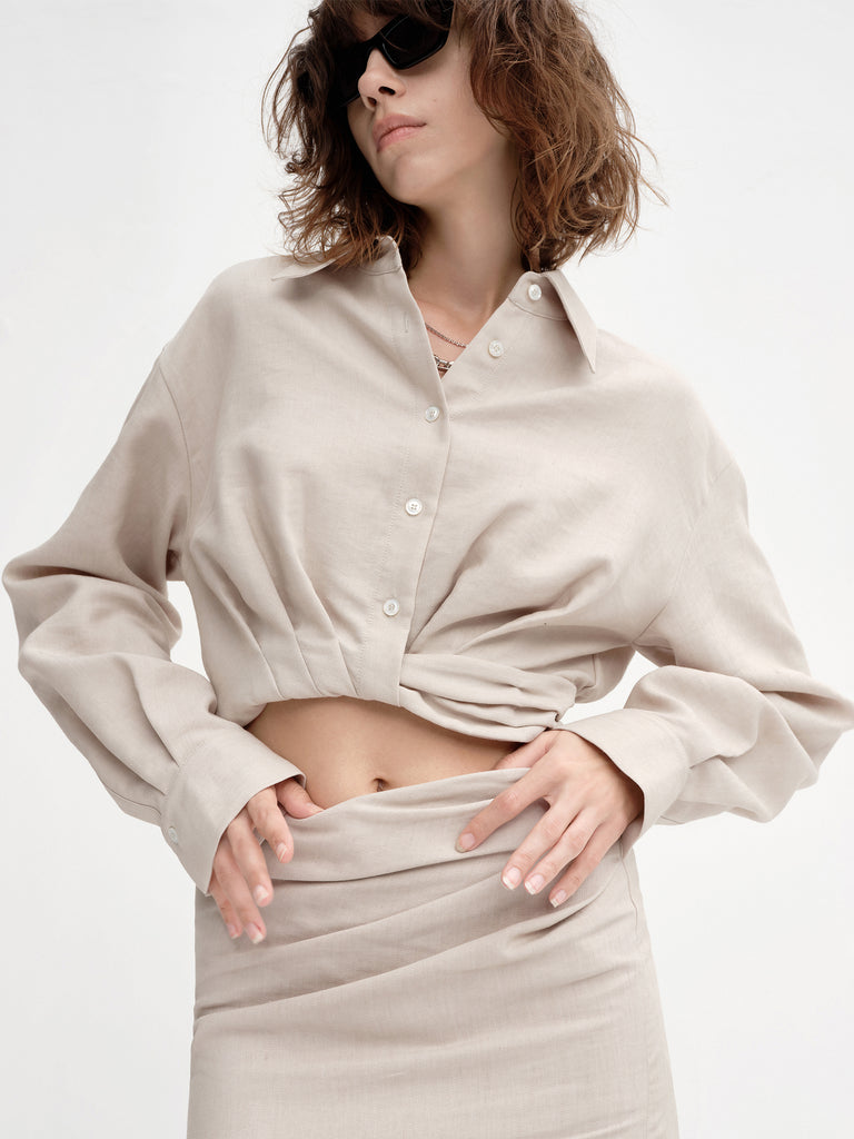 Women's Linen Blend Gathered Waist Cropped Shirt in Beige