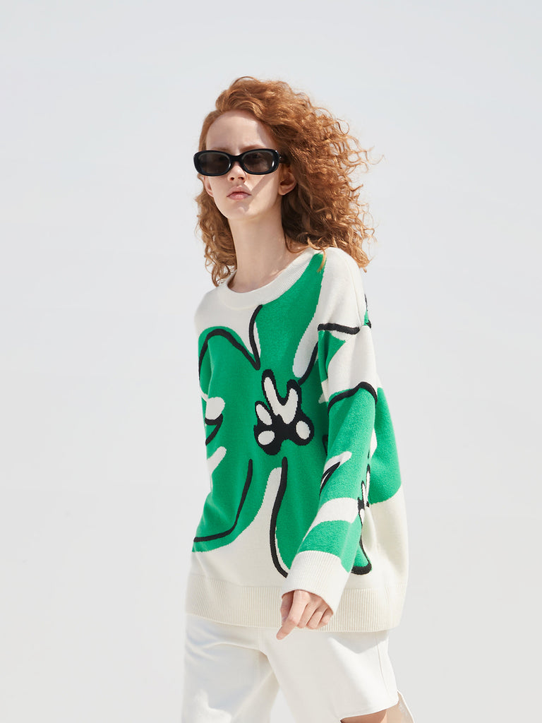 Wool Floral Graphic Pattern Jacquard Sweater Pullover