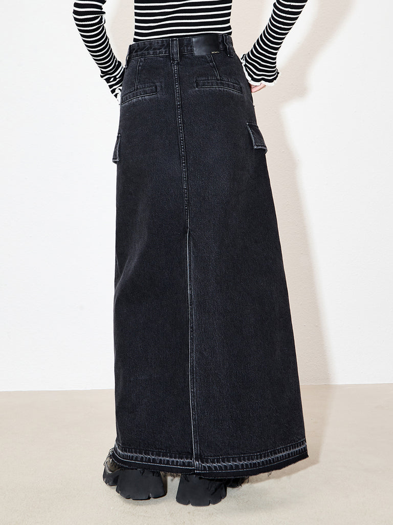 Denim Frayed Maxi Skirt with Back Slit