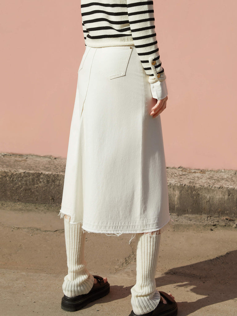 Slit Front Raw Hem White Denim Midi Skirt