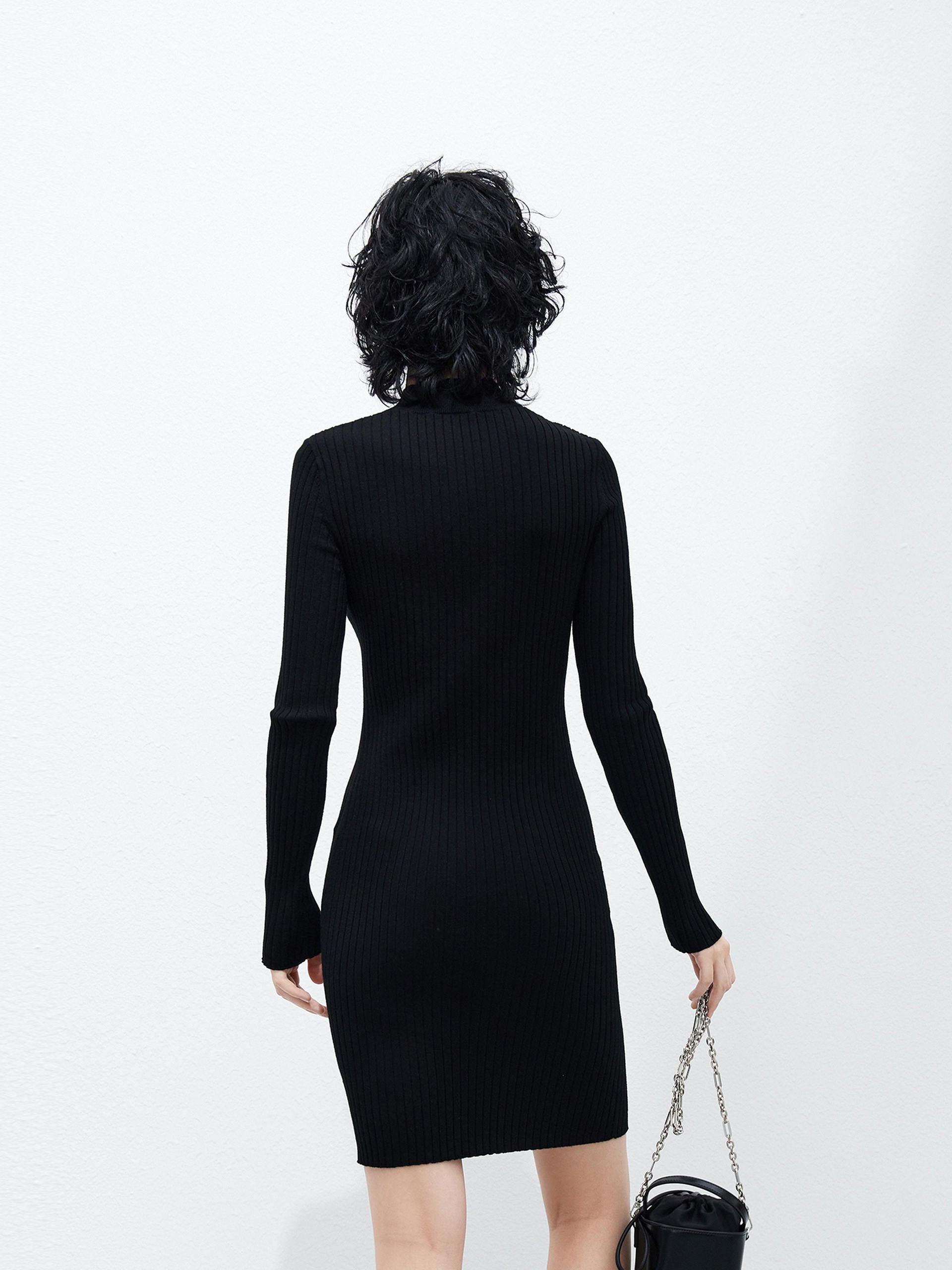 Long Sleeves Cutout Ribbed Knit Bodycon Mini Dress Black