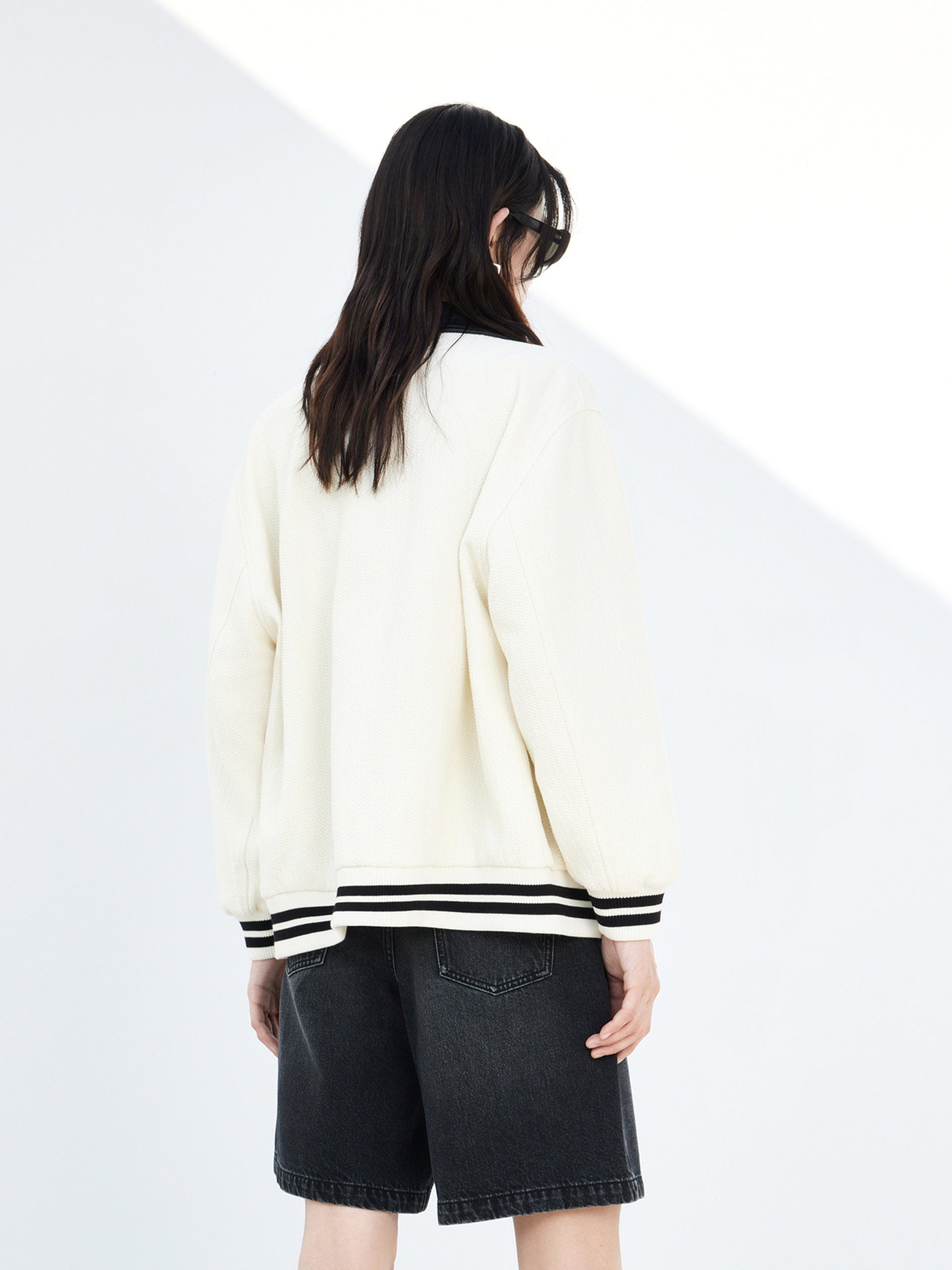 Logo Contrast Baseball Bomber Jacket in Beige