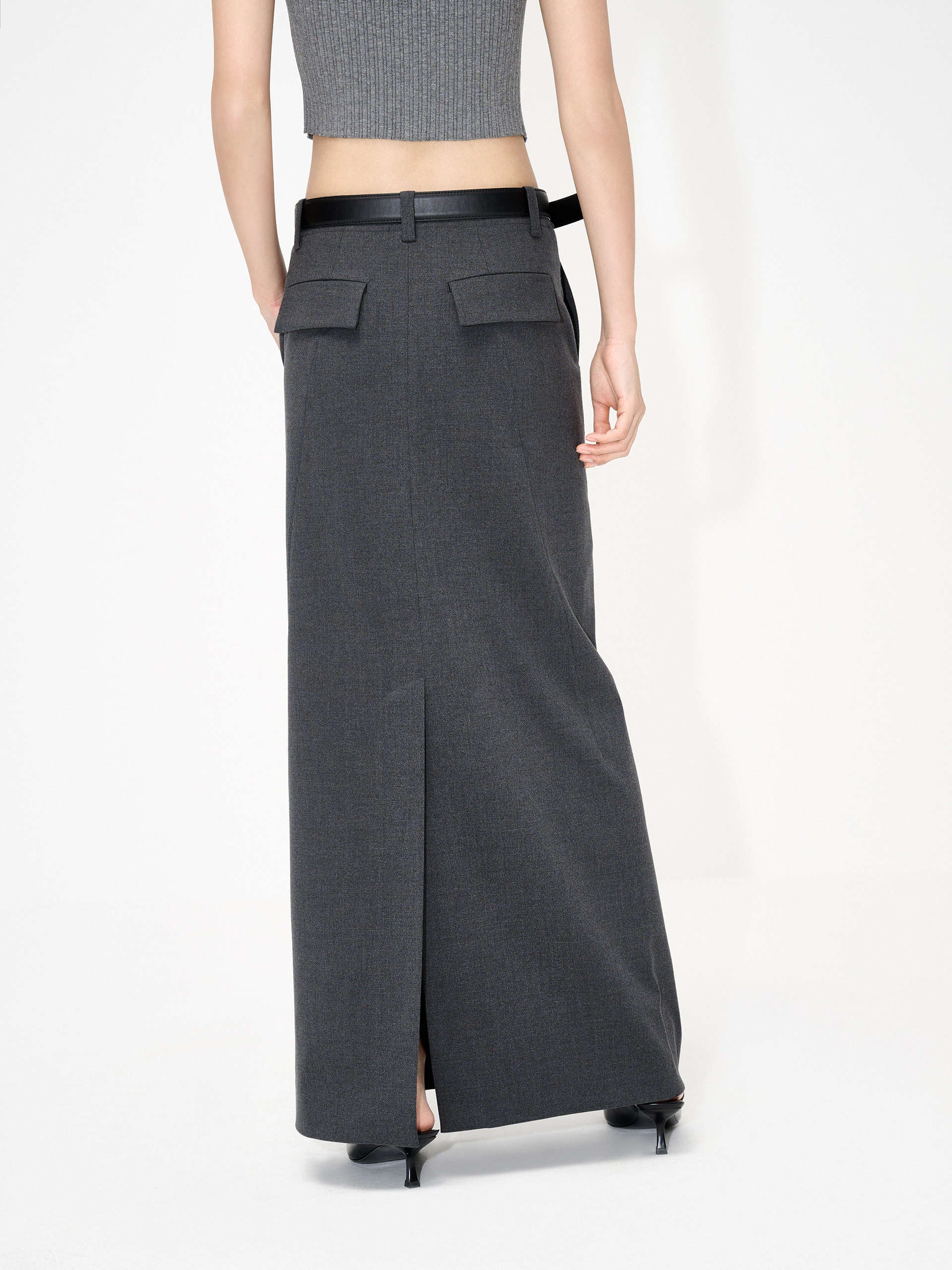 MO&Co. Women's Back Slit Mid-rise Maxi Skirt in Grey