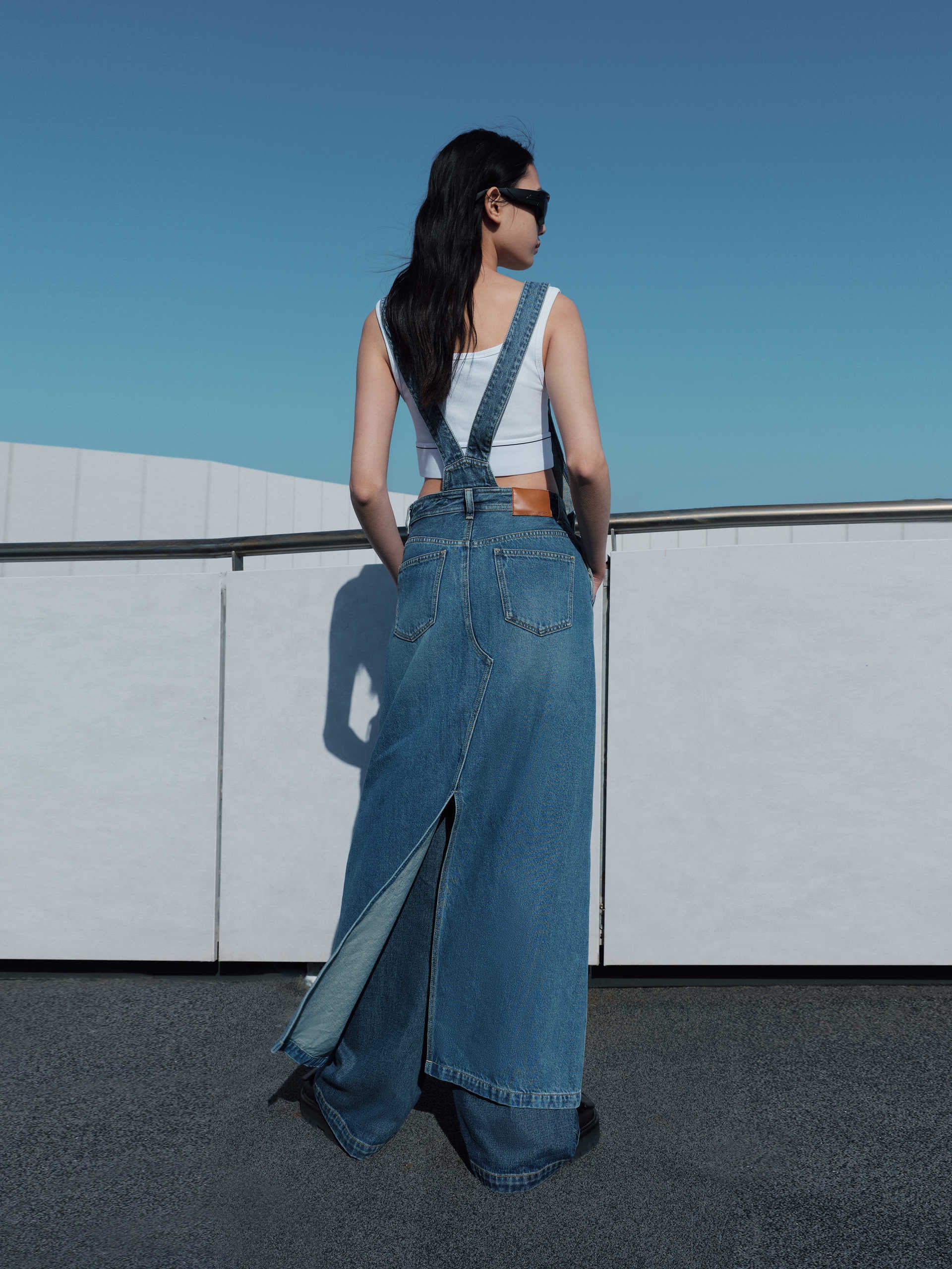 Back Slit Dress with Straps Denim Overall Skirt