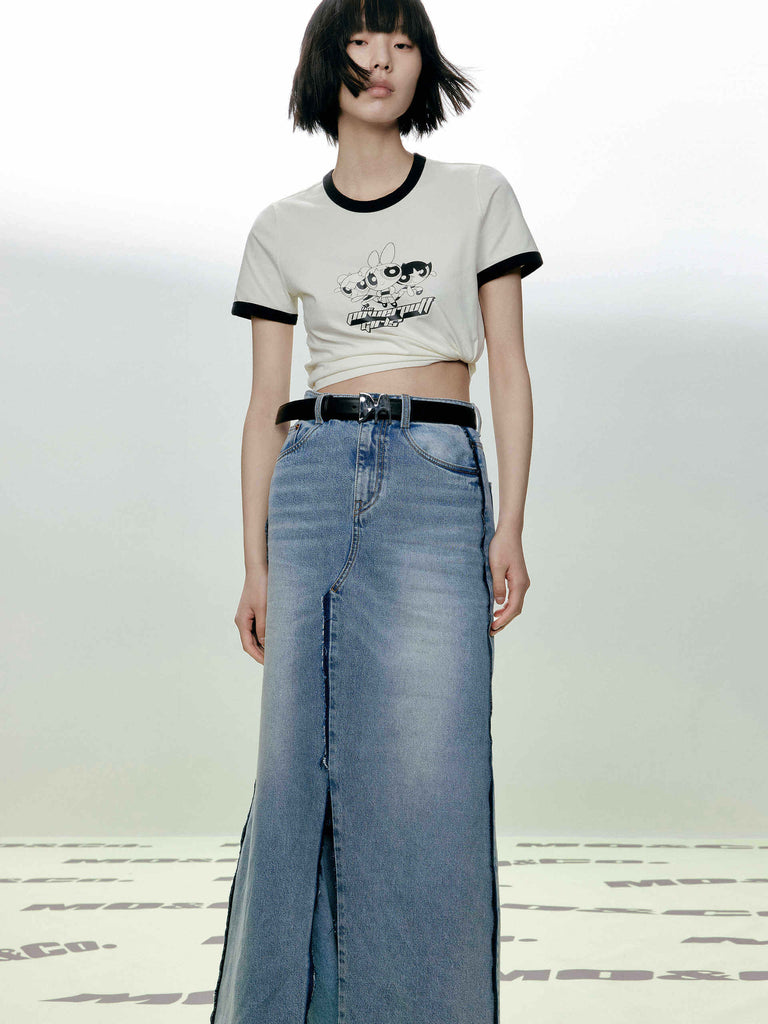 MO&Co. Women's Two-toned Seams Detail Slit Front Maxi Denim Skirt
