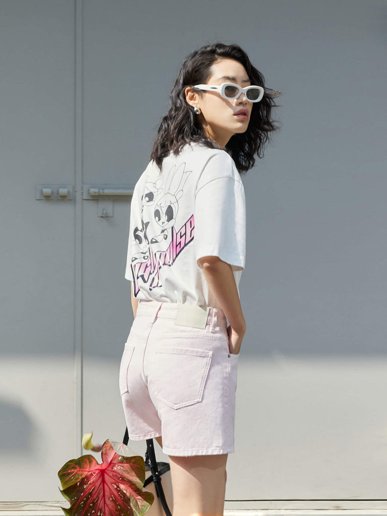 MO&Co. Women's Ripped Details Light Pink Denim Cotton Shorts