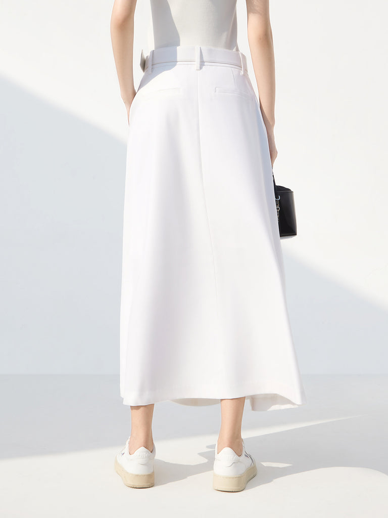 High Waist A Line Midi Skirt with belt in White