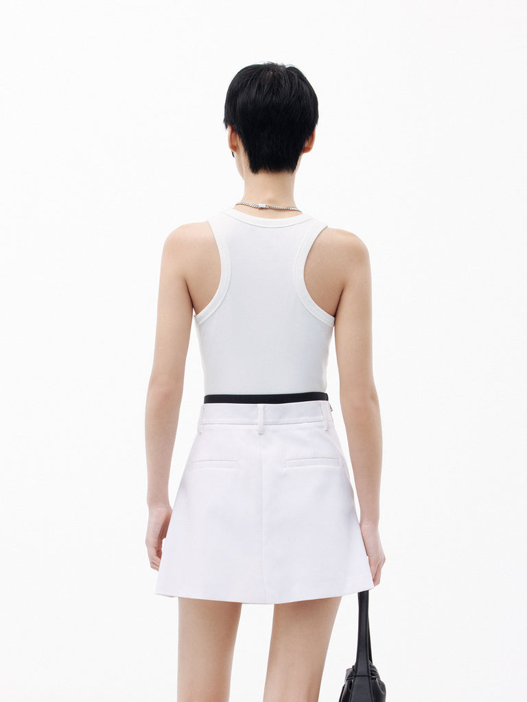 Women's Double Waistband Pleated White Mini Skirt