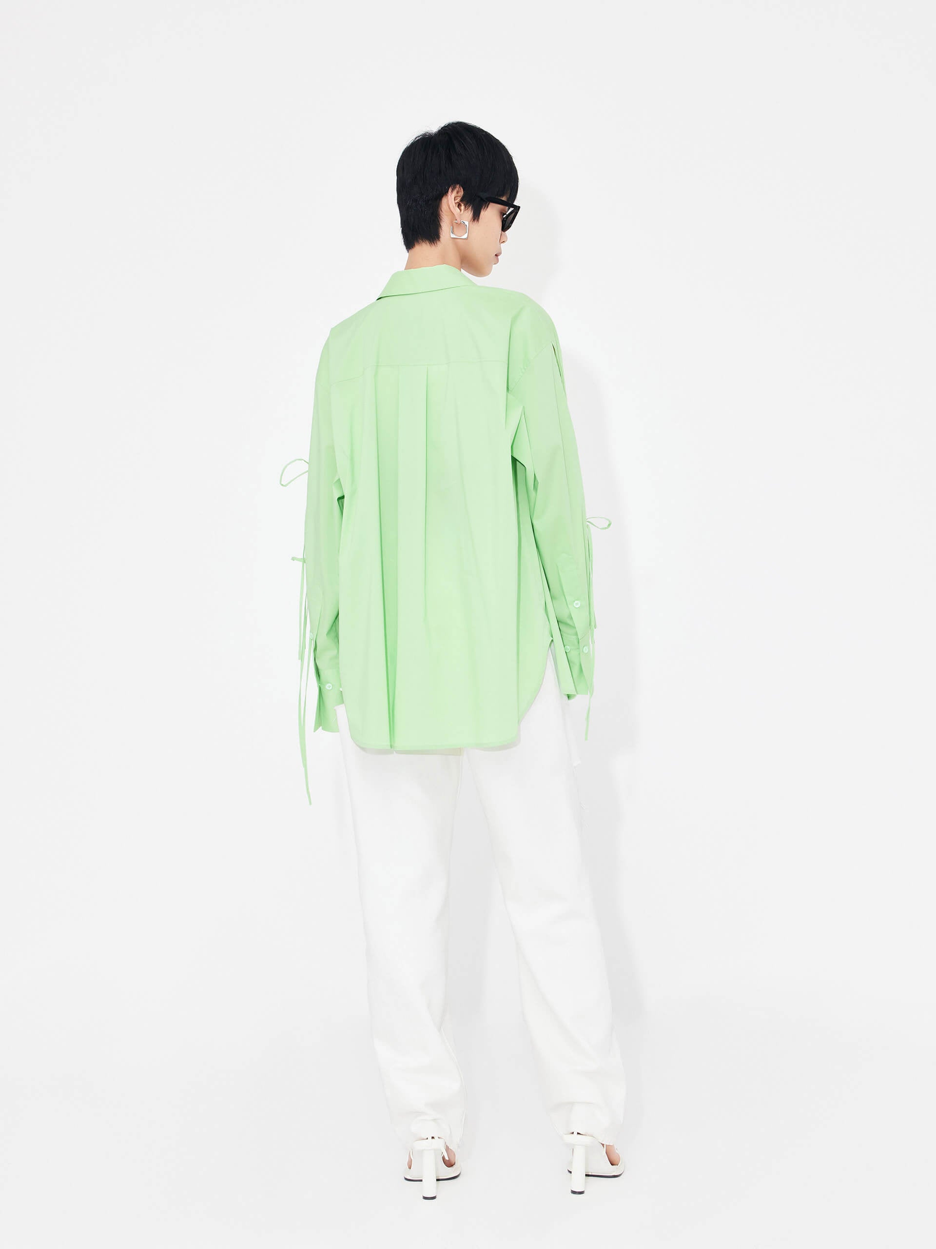 MO&Co. Women's Cotton Blend Cutout Details Oversized Shirt in Green