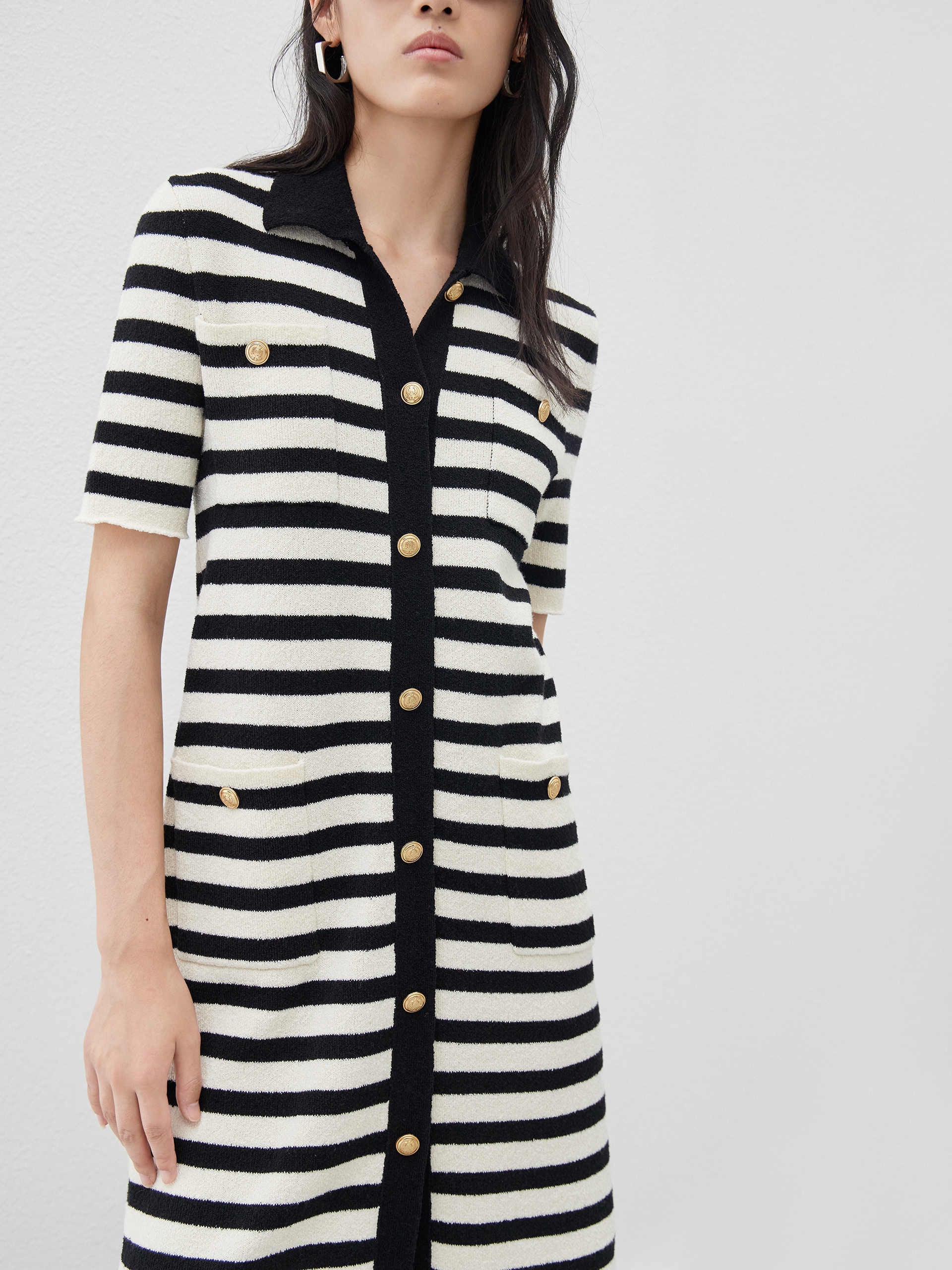 Wool Blend Black and White Striped Casual Shift Altheisure Dress