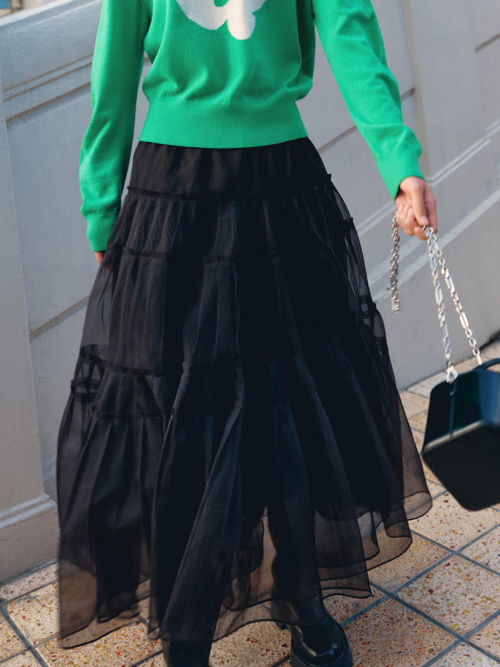 Layered Ruffled Tulle Midi Skirt in Black